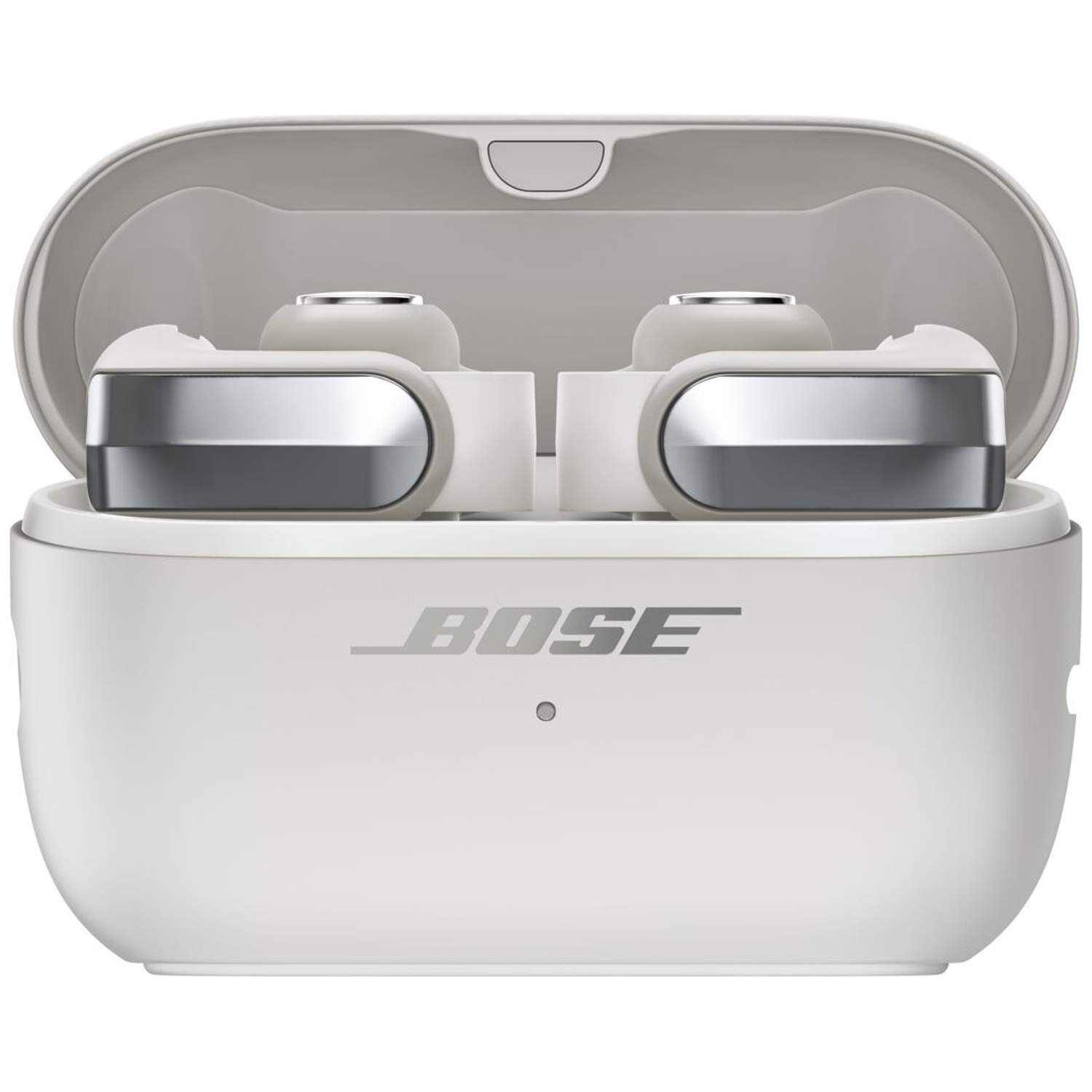 Beige Bose draadloze oordopjes in een open oplaadcase met zilveren accenten.
