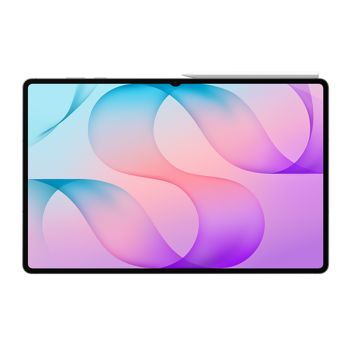 Renkli soyut arka plana ve üzerinde bir kaleme sahip, beyaz arka plan önünde bir tablet.