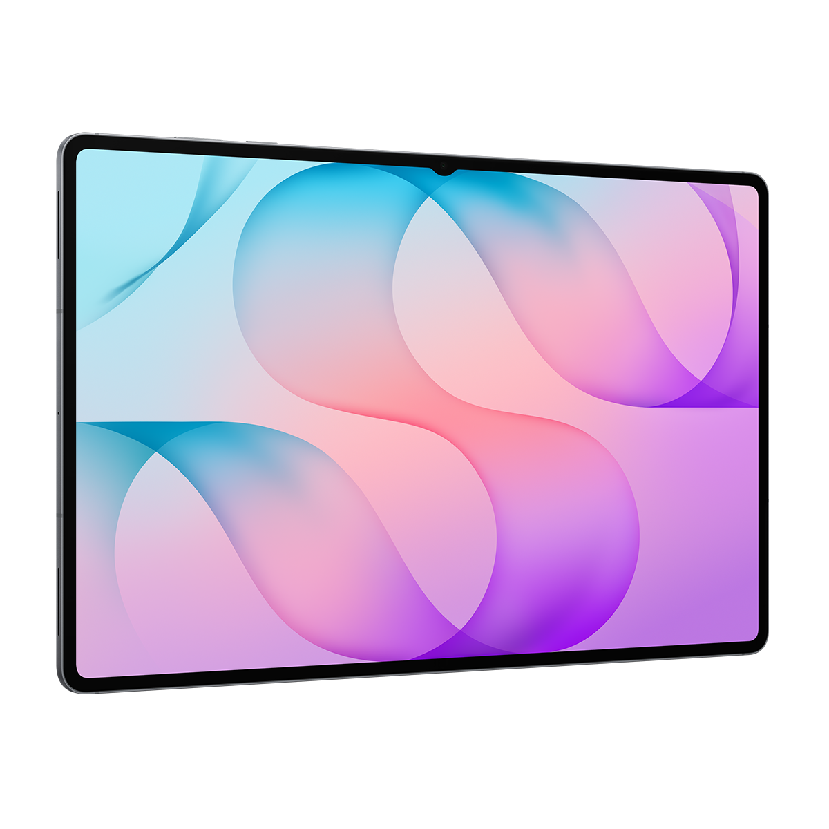 Siyah çerçeveli ve mavi, pembe ve mor renkli soyut arka plana sahip modern bir tablet.