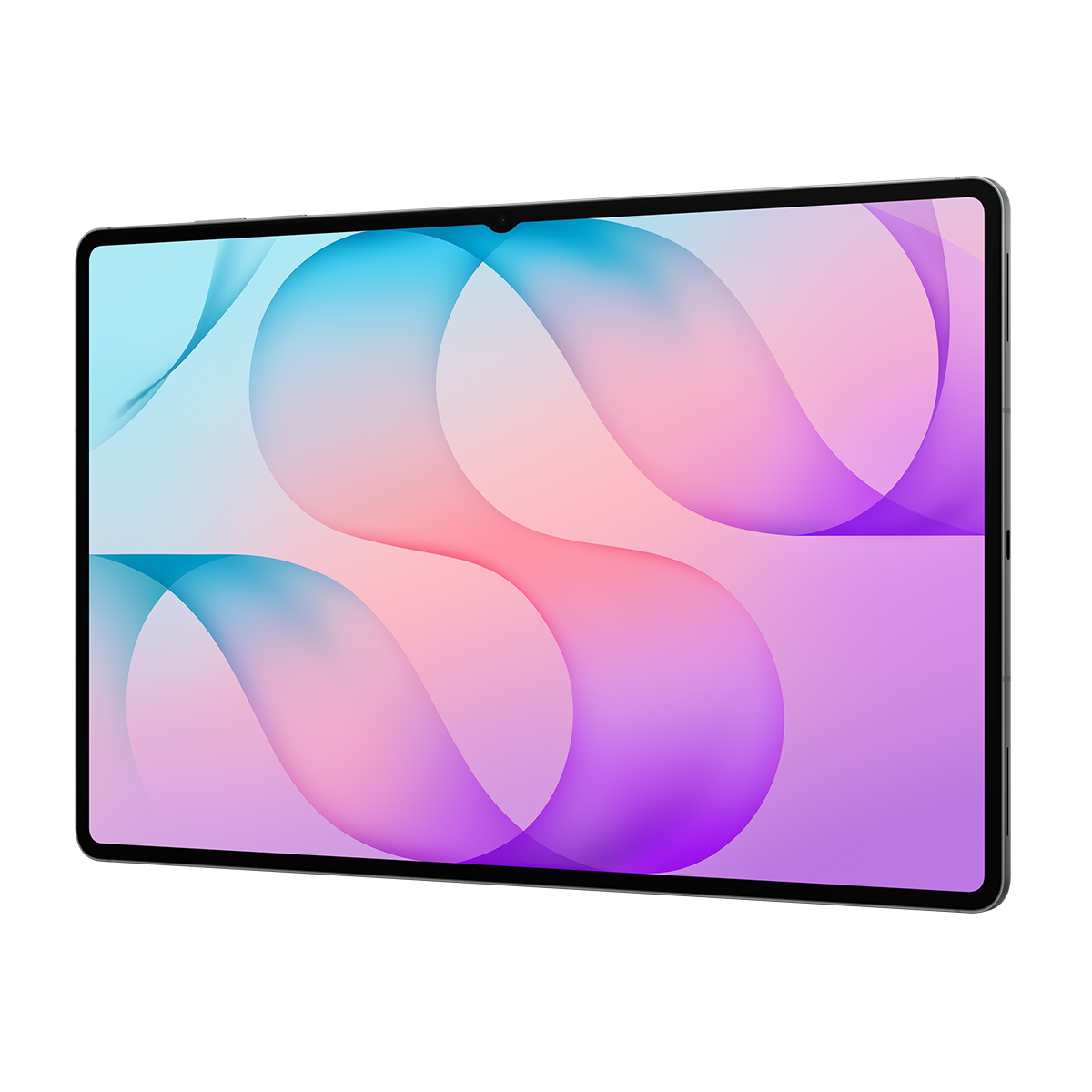 Modern bir tablet, ekranında soyut mavi ve pembe bir duvar kağıdı gösteriyor.