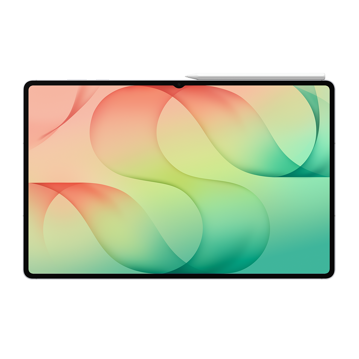 Ekranında renkli soyut bir arka plan ve üstünde bir kalem bulunan bir tablet.