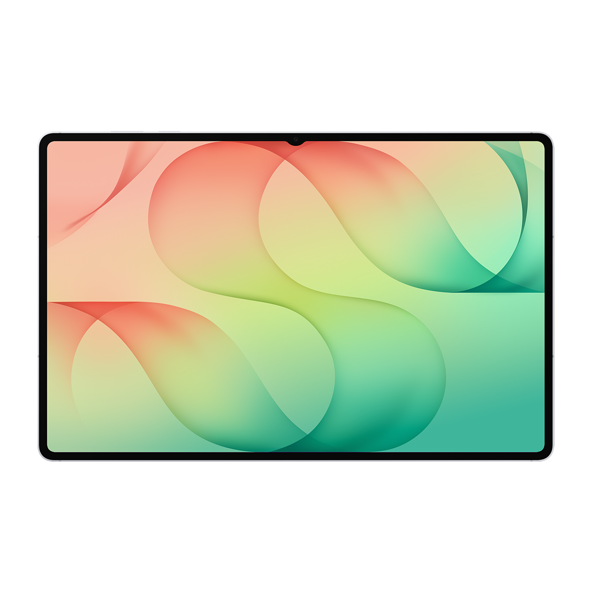 İnce çerçeveli ve pastel pembe ve yeşil tonlarında soyut dalgalı arka plana sahip bir tablet.