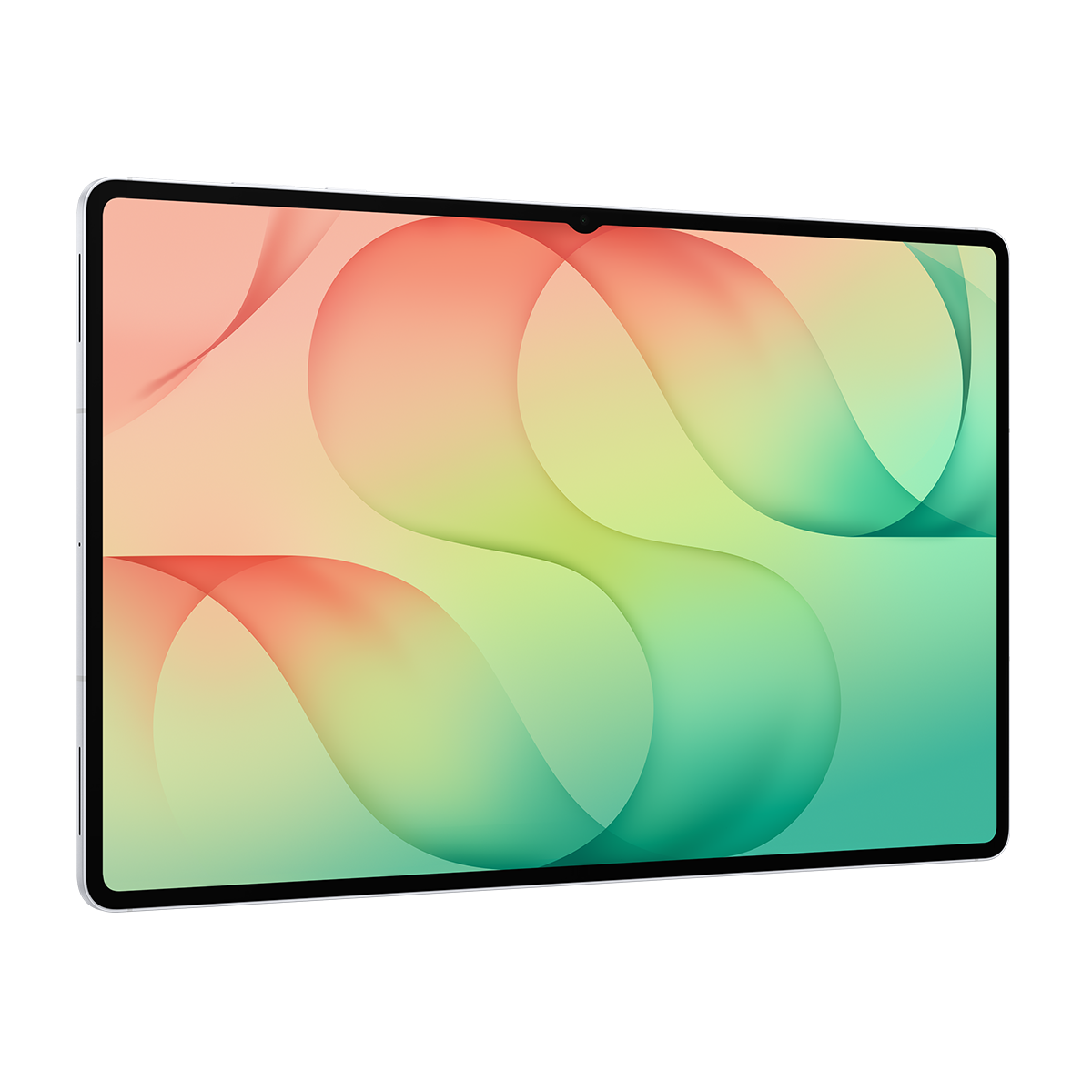 Ekranında soyut kıvrımlı kırmızı ve yeşil geçişli duvar kağıdı olan bir tablet.