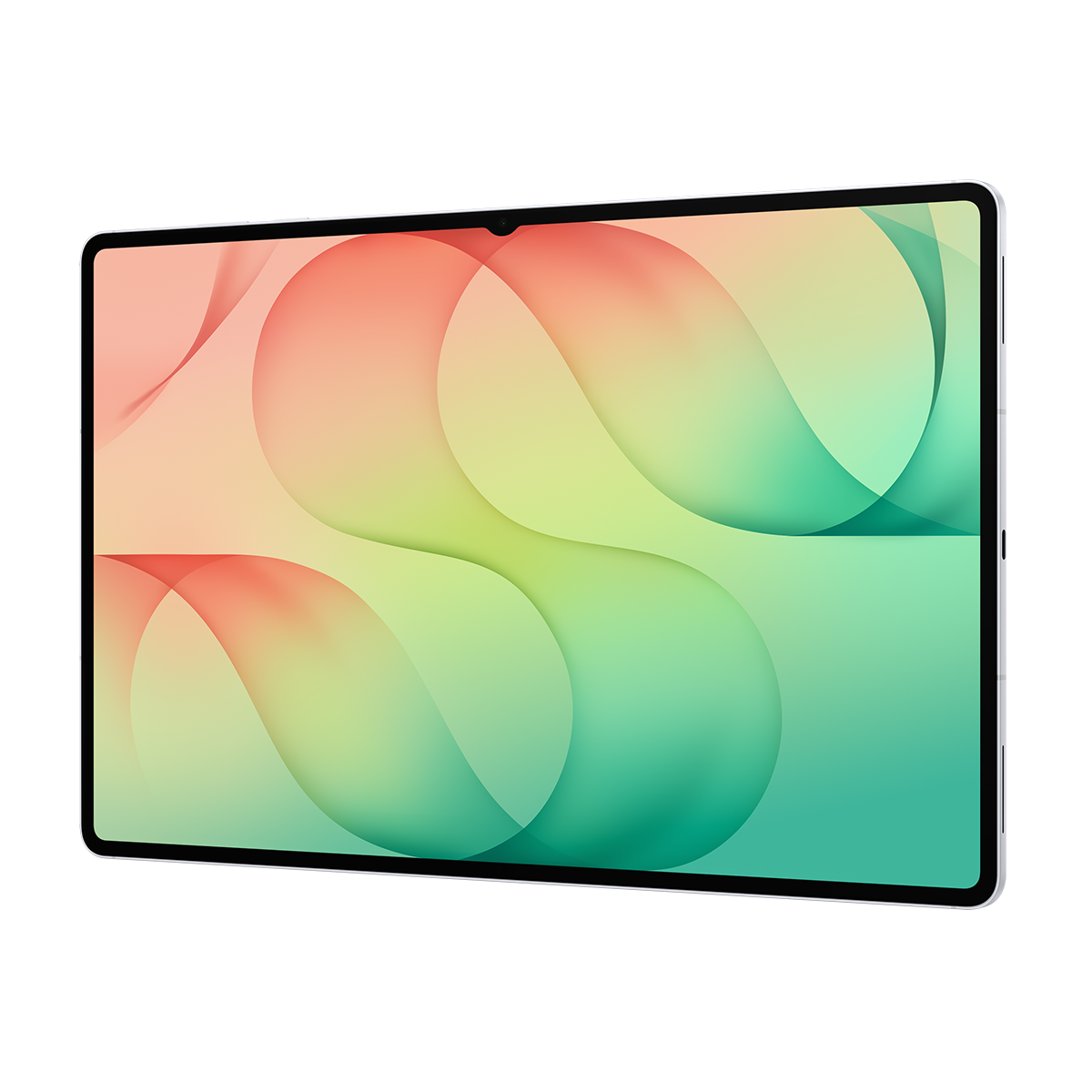 Beyaz çerçeveli ve ekranında renkli, kavisli bir geçiş olan tablet, beyaz arka plan üzerinde.