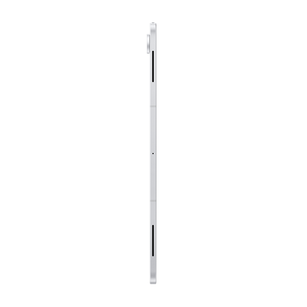 Hoparlörleri ve kamera modülü olan gümüş rengi tabletin yandan görünümü.