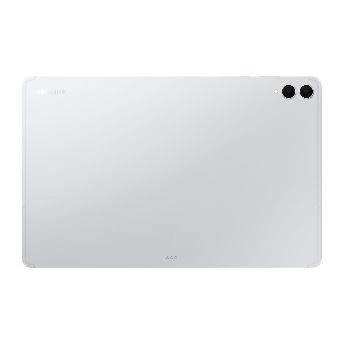 Çift kameralı gümüş renkli Samsung tabletin arka yüzü.