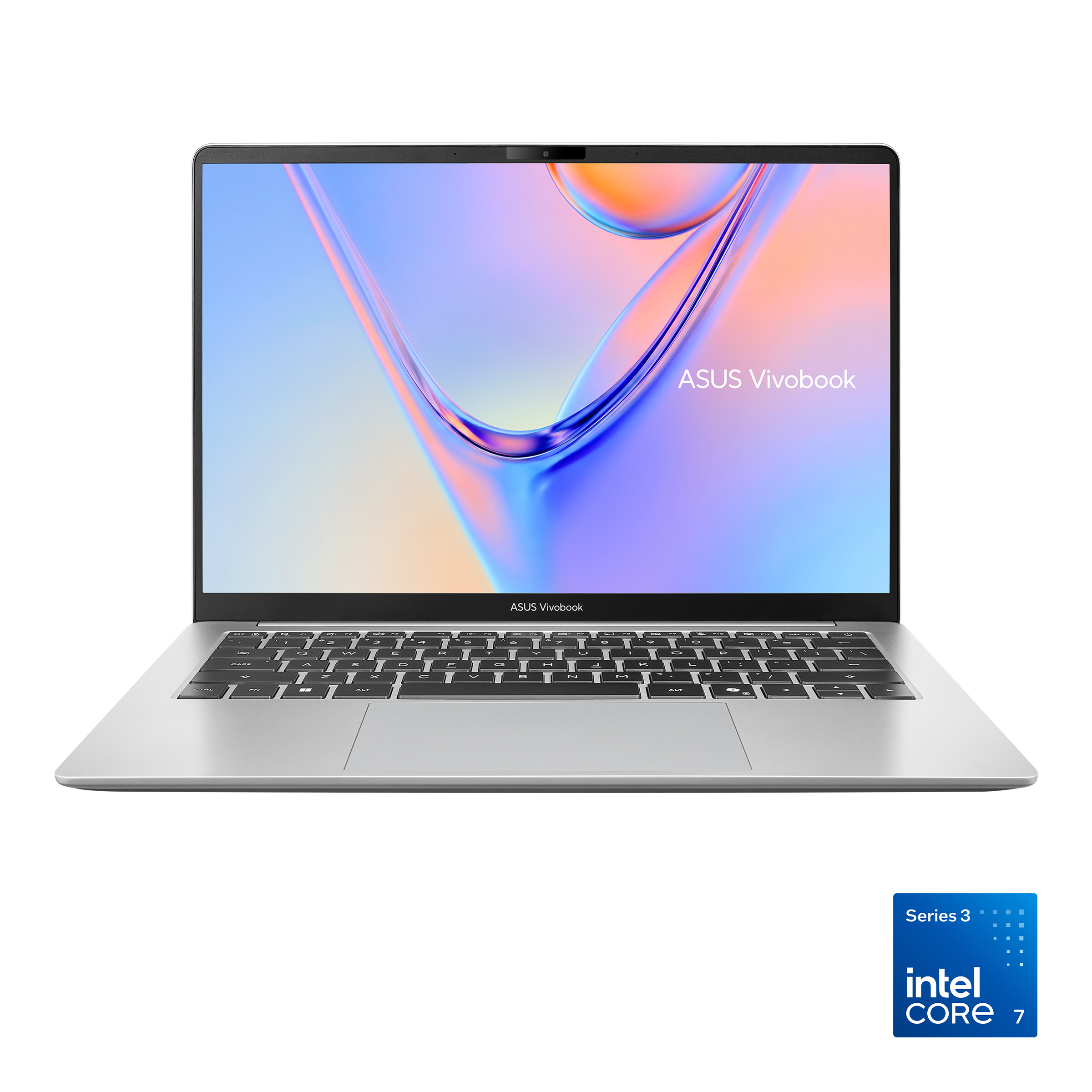 Renkli soyut duvar kağıdına ve Intel Core 7 etiketine sahip açık gümüş rengi bir Asus Vivobook dizüstü bilgisayar.