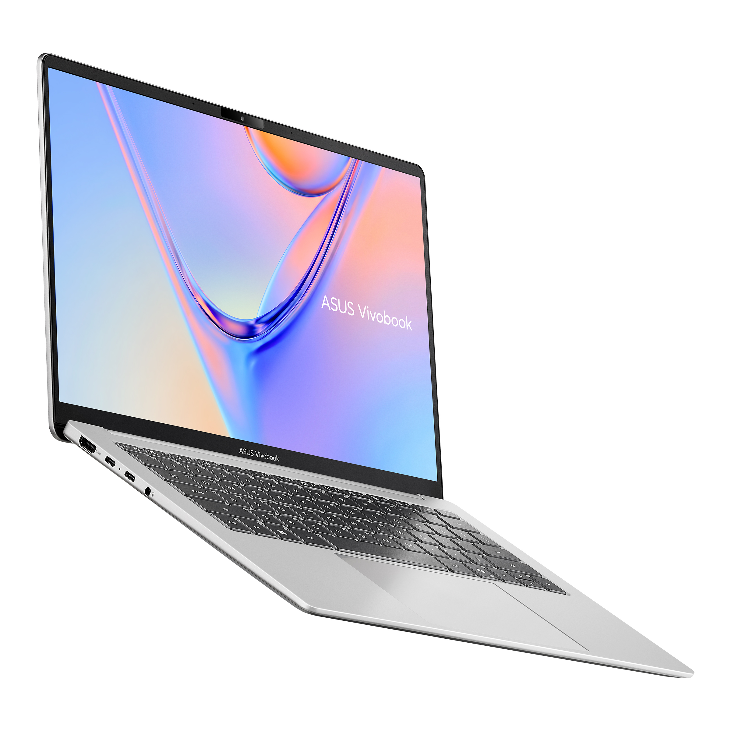 Beyaz arka planda renkli ekranlı ve siyah klavyeli gümüş rengi ASUS Vivobook dizüstü bilgisayar.