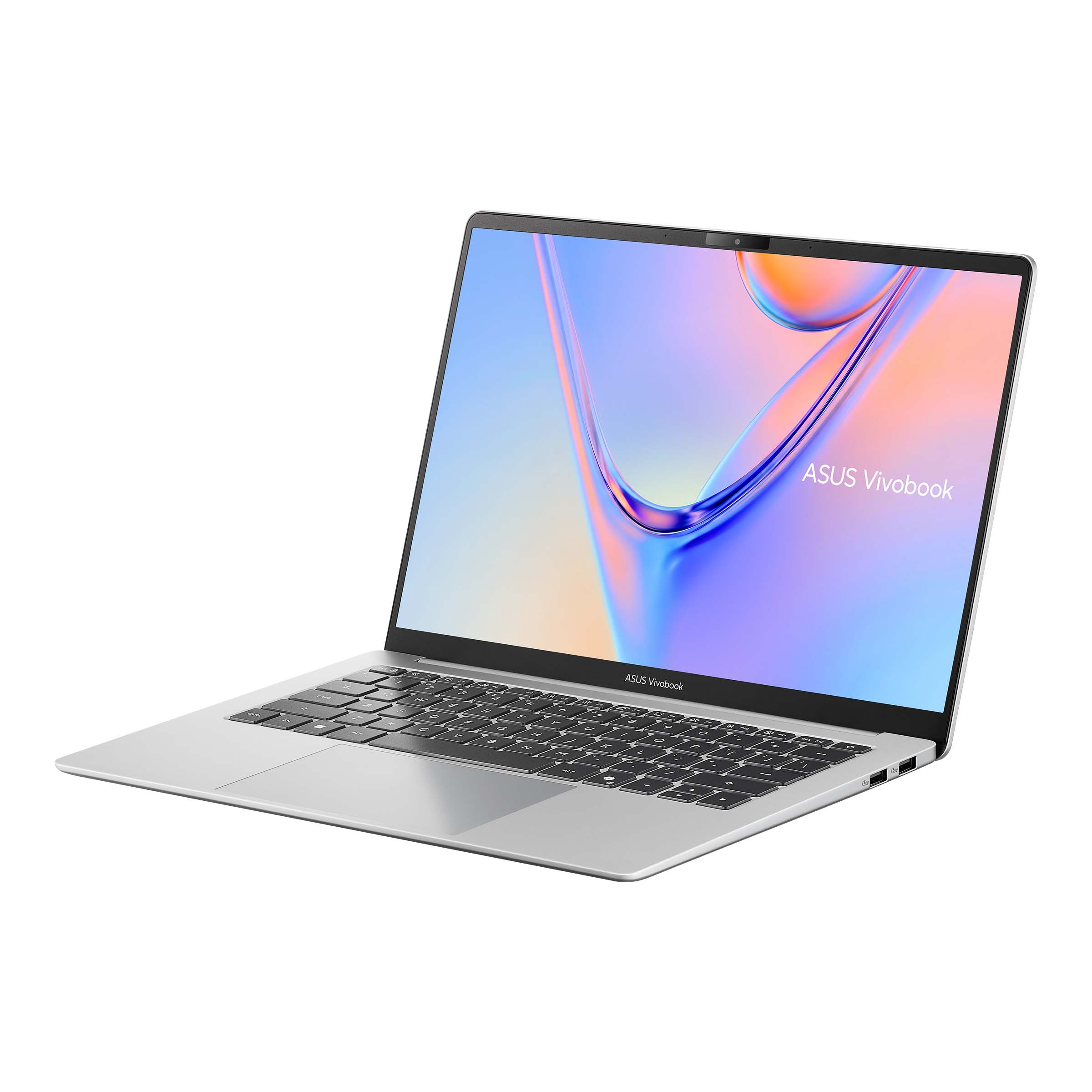 Beyaz arka planda renkli ekranlı gümüş rengi ASUS Vivobook dizüstü bilgisayar.