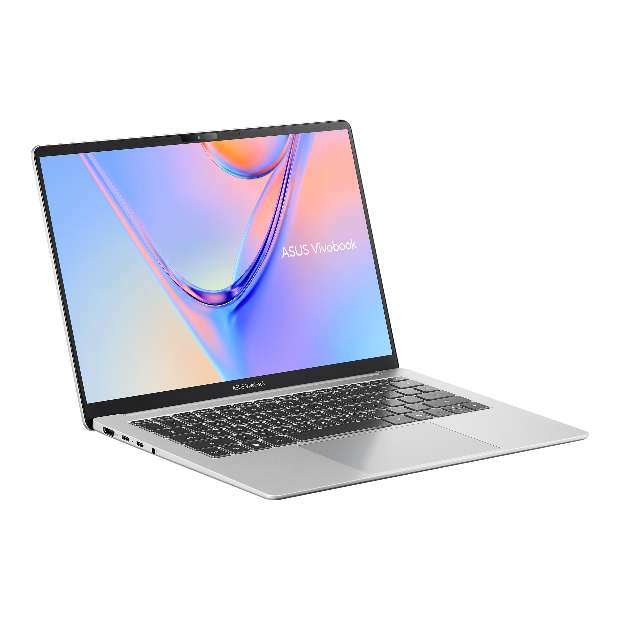 Beyaz arka planda renkli ekranlı gümüş renkli bir Asus Vivobook dizüstü bilgisayar.