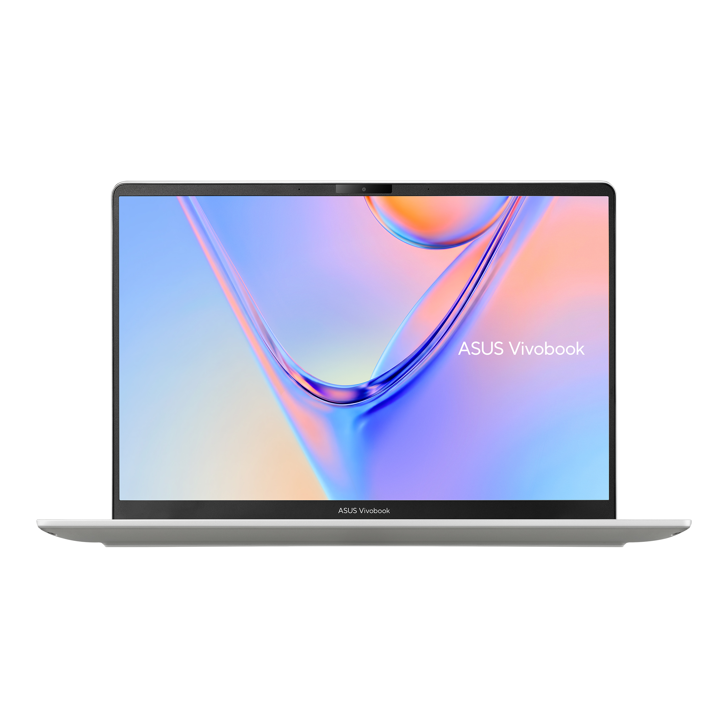 Ekranında renkli soyut bir arka plan olan gümüş renkli ASUS Vivobook dizüstü bilgisayar.