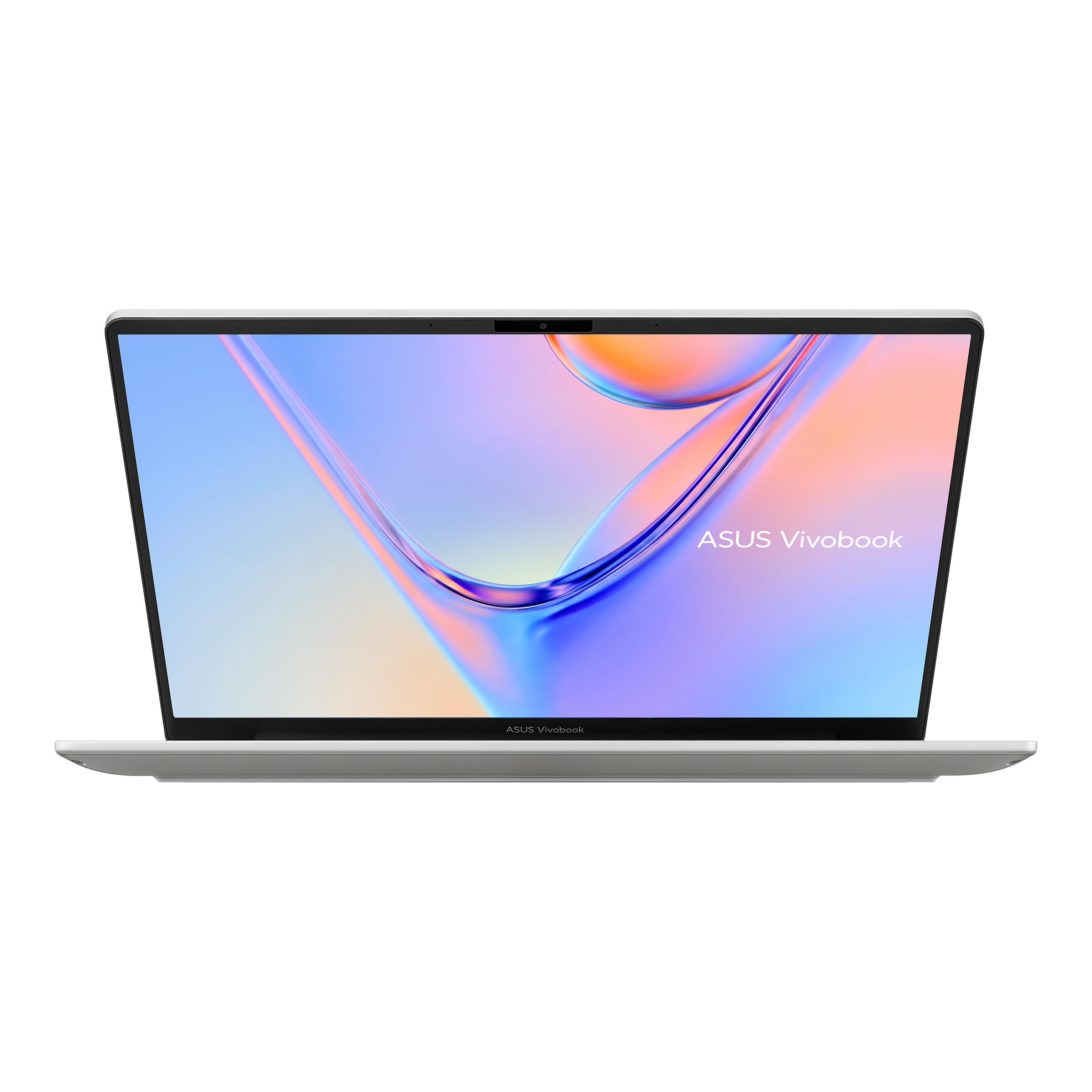 Beyaz arka planda ekranında renkli duvar kağıdı olan açık bir ASUS Vivobook dizüstü bilgisayar.