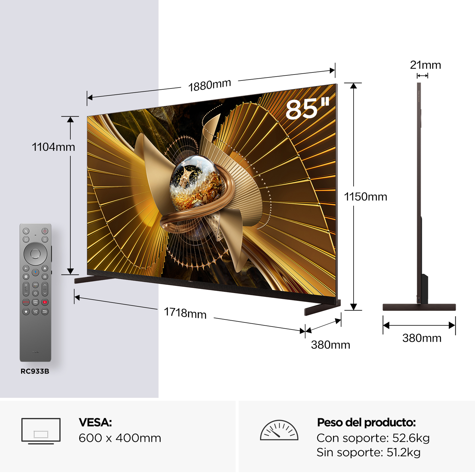 El diagrama muestra dimensiones, control remoto, tamaño VESA y peso de un televisor de 85 pulgadas.