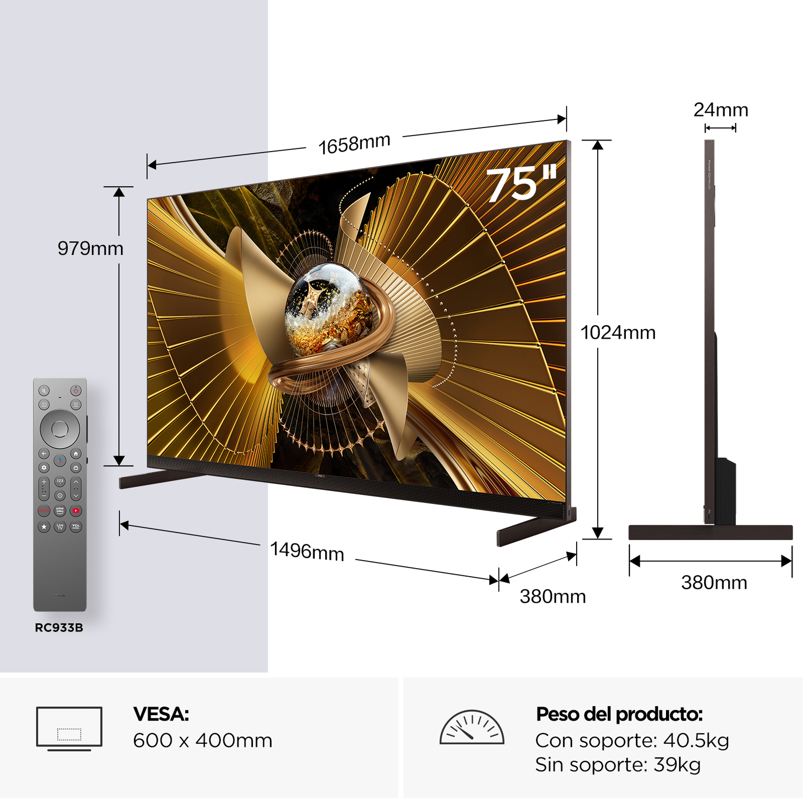 Diagrama que muestra las dimensiones de un televisor de 75 pulgadas, soporte, control remoto, VESA y peso.