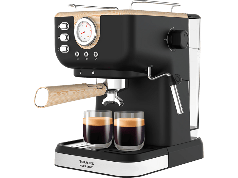 Cafetera express - Taurus Moka Onyx, 20 Bar, 1050 W, 1.5 l, Portacacillos tipo barista con 2 filtros, Depósito extraíble, Regulador de vapor, Negro