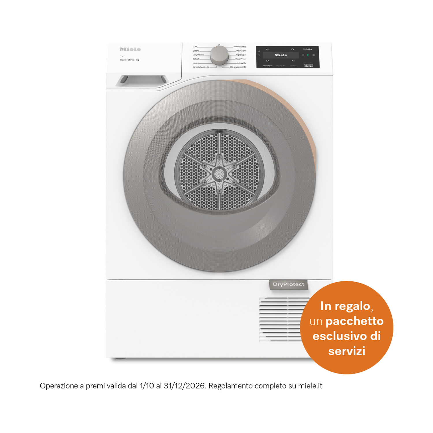 Unaasciugatrice Miele bianca con oblò grigio e badge promozionale.