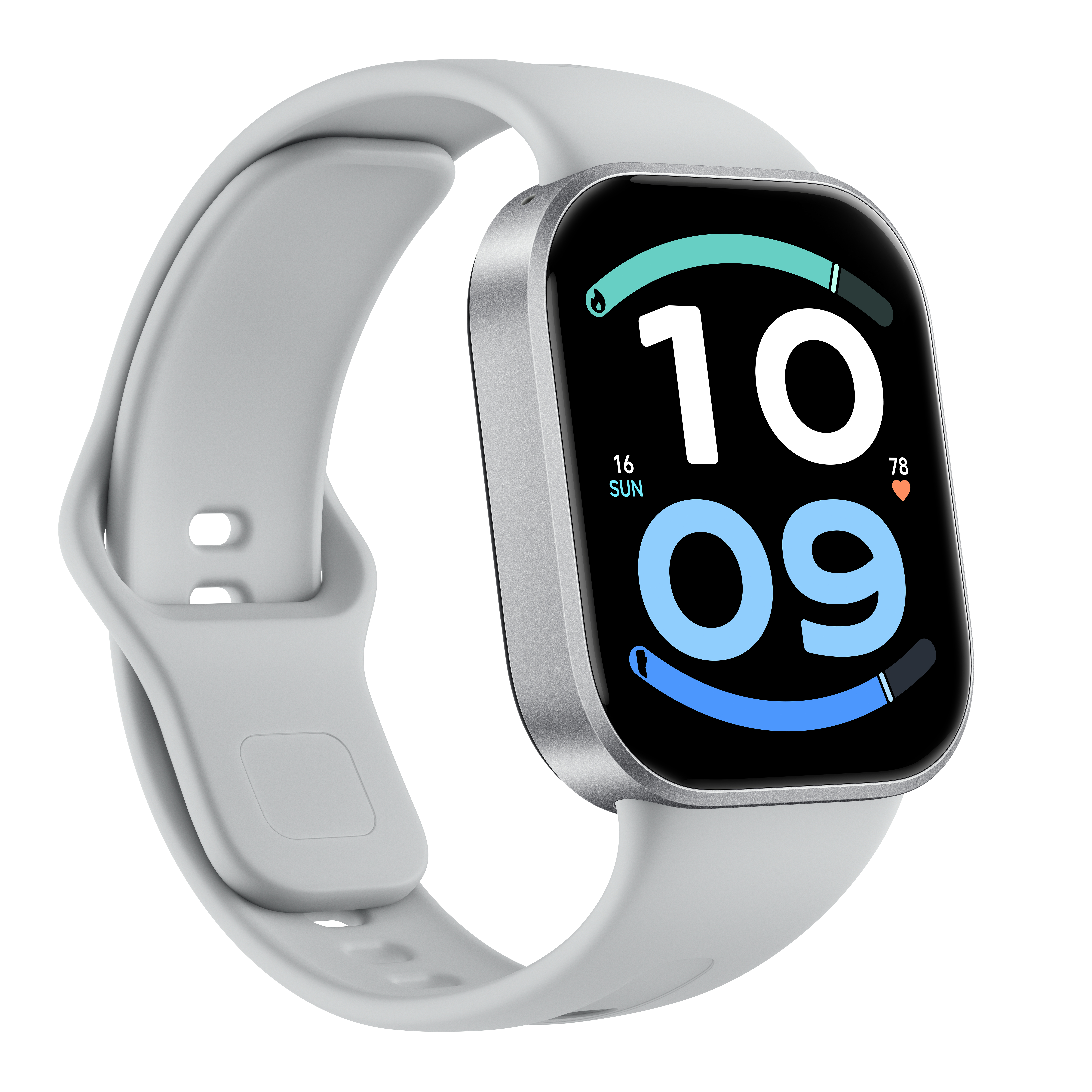 Eine graue Smartwatch mit weißem Armband und Digitalanzeige.