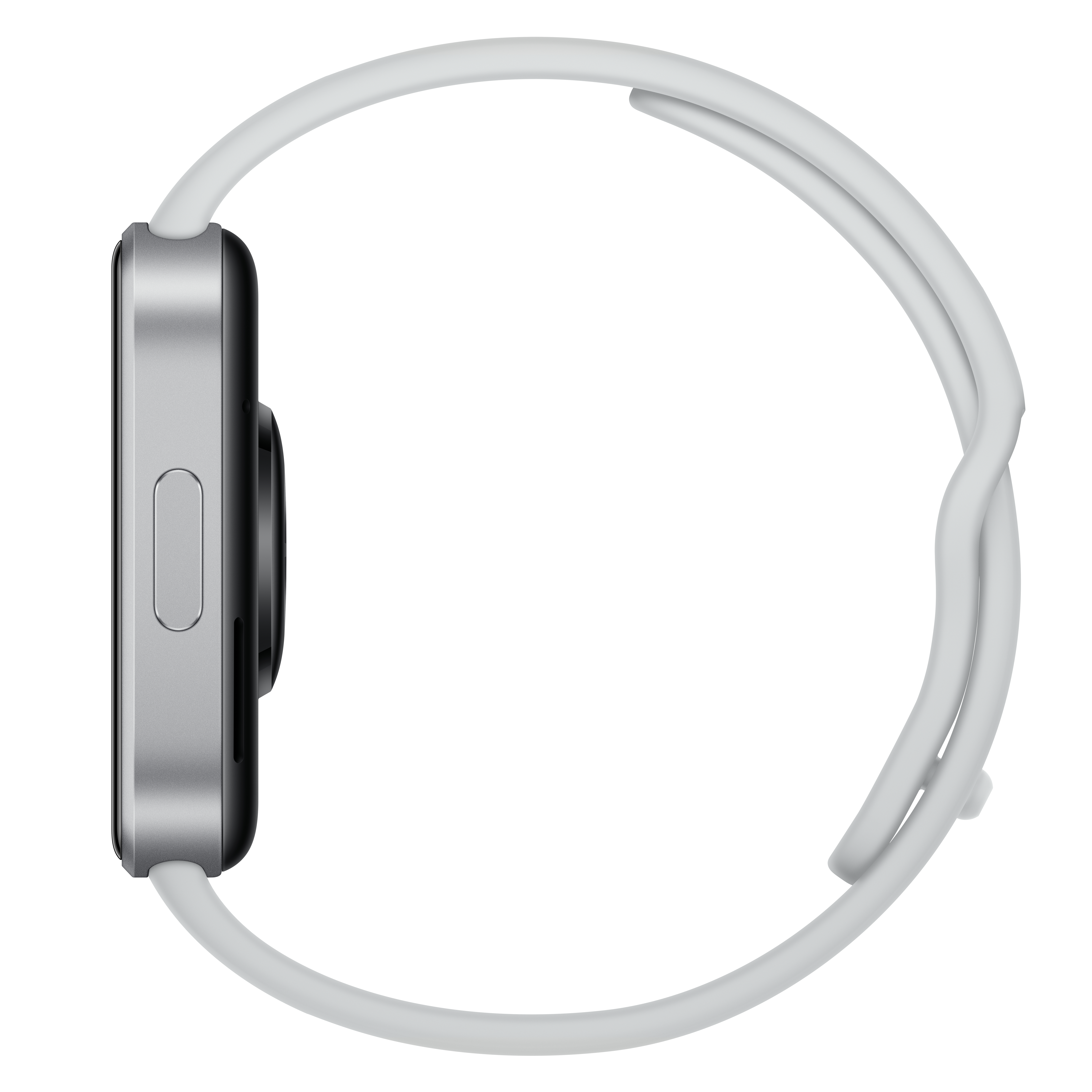 Seitenansicht einer grauen Smartwatch mit einem breiten, hellgrauen Silikonarmband vor weißem Hintergrund.