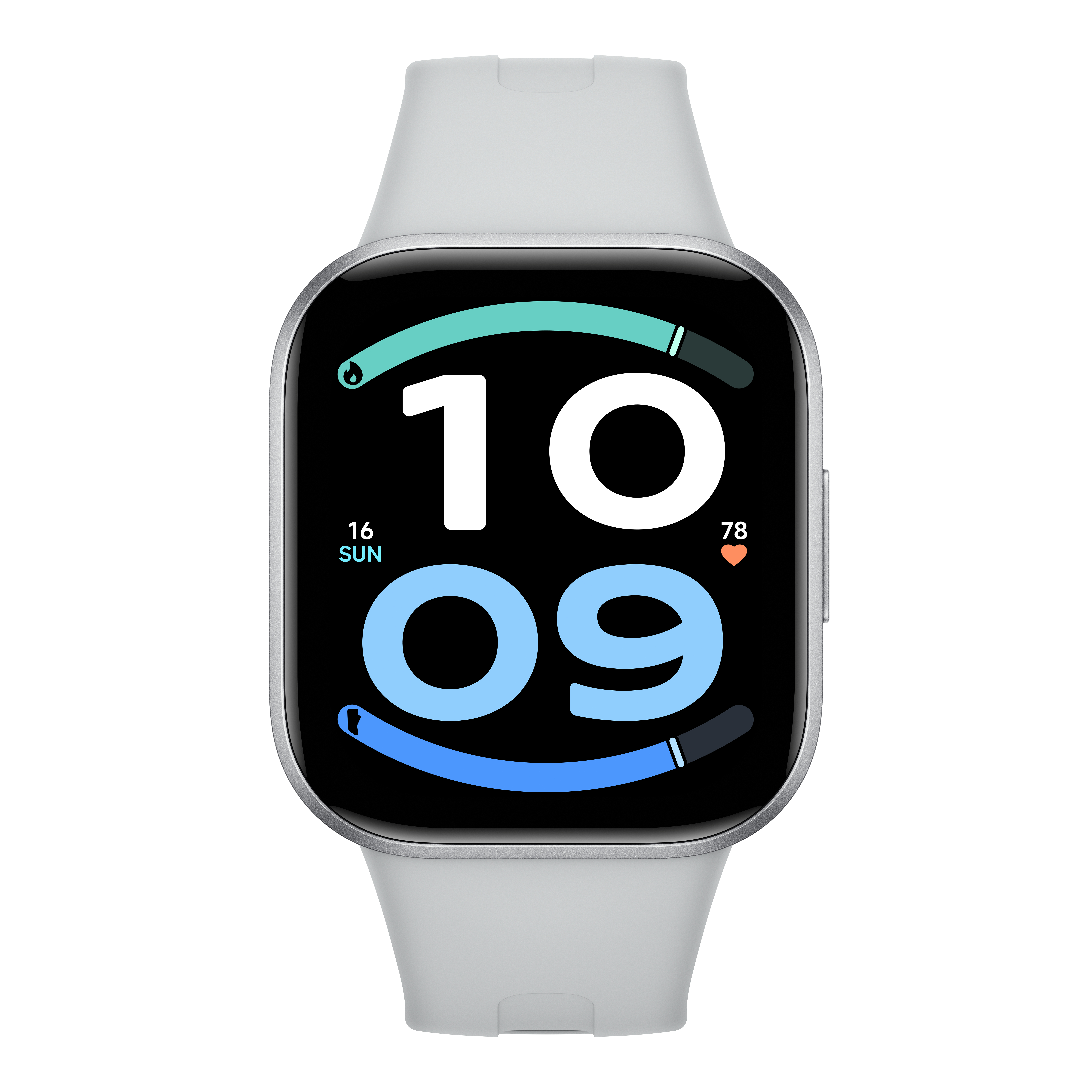 Eine silberne Smartwatch mit grauem Armband zeigt die Uhrzeit 10:09 und Fitness-Daten auf schwarzem Display.
