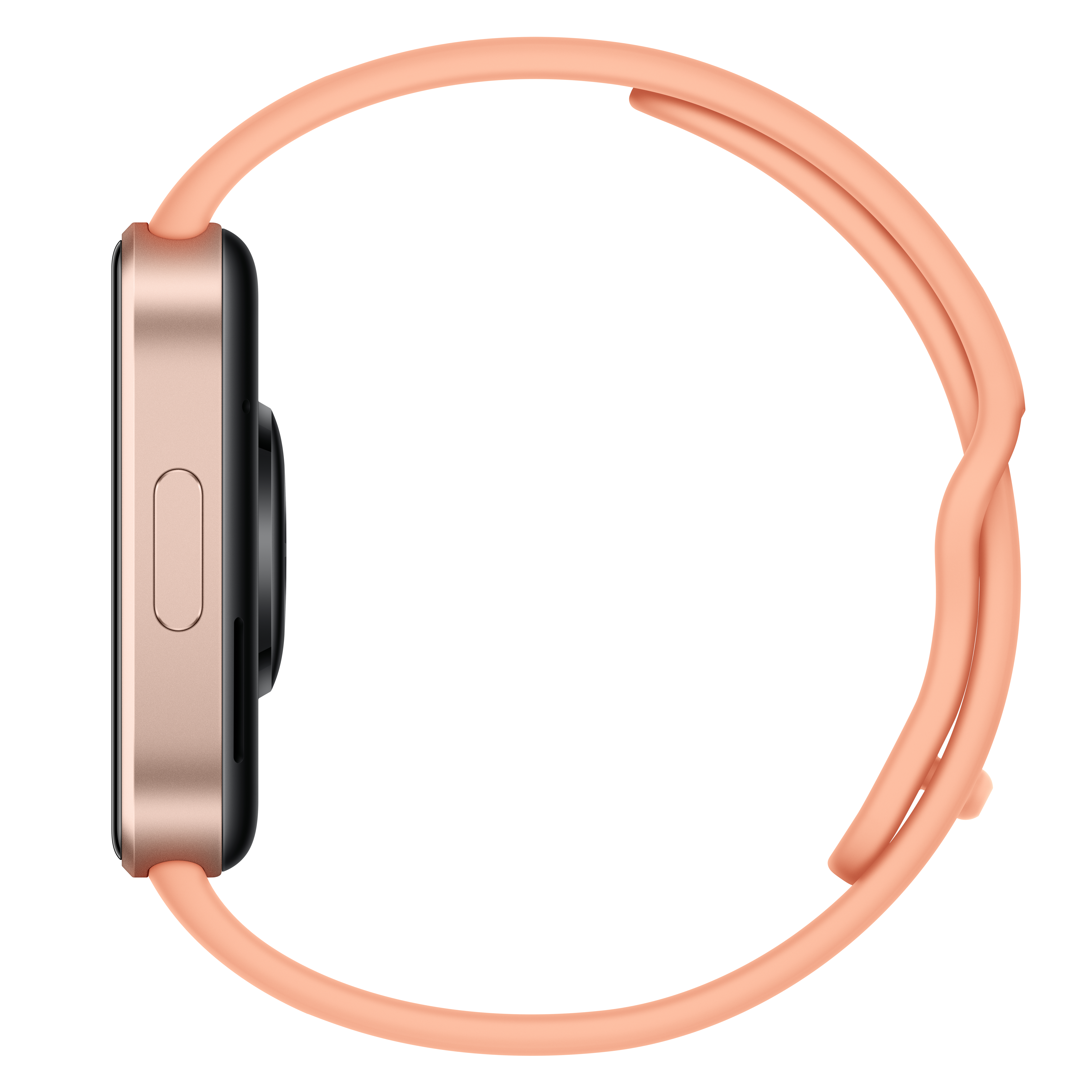 Eine Smartwatch mit Roségoldgehäuse und pfirsichfarbenem Silikonarmband, seitlich vor weißem Hintergrund.