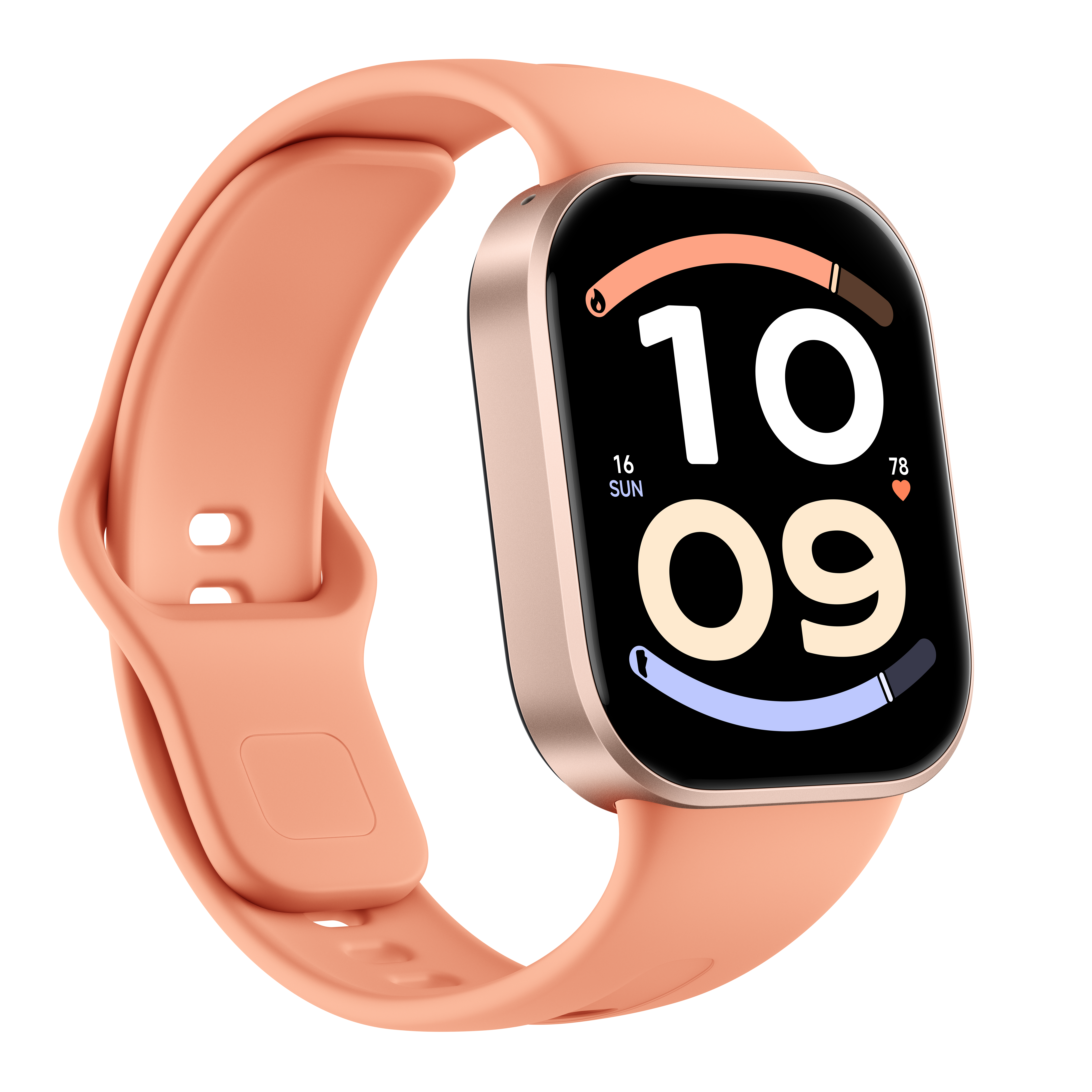 Pfirsichfarbene Smartwatch mit quadratischem Display zeigt 10:09 Uhr und den 16. Sonntag an, freigestellt.