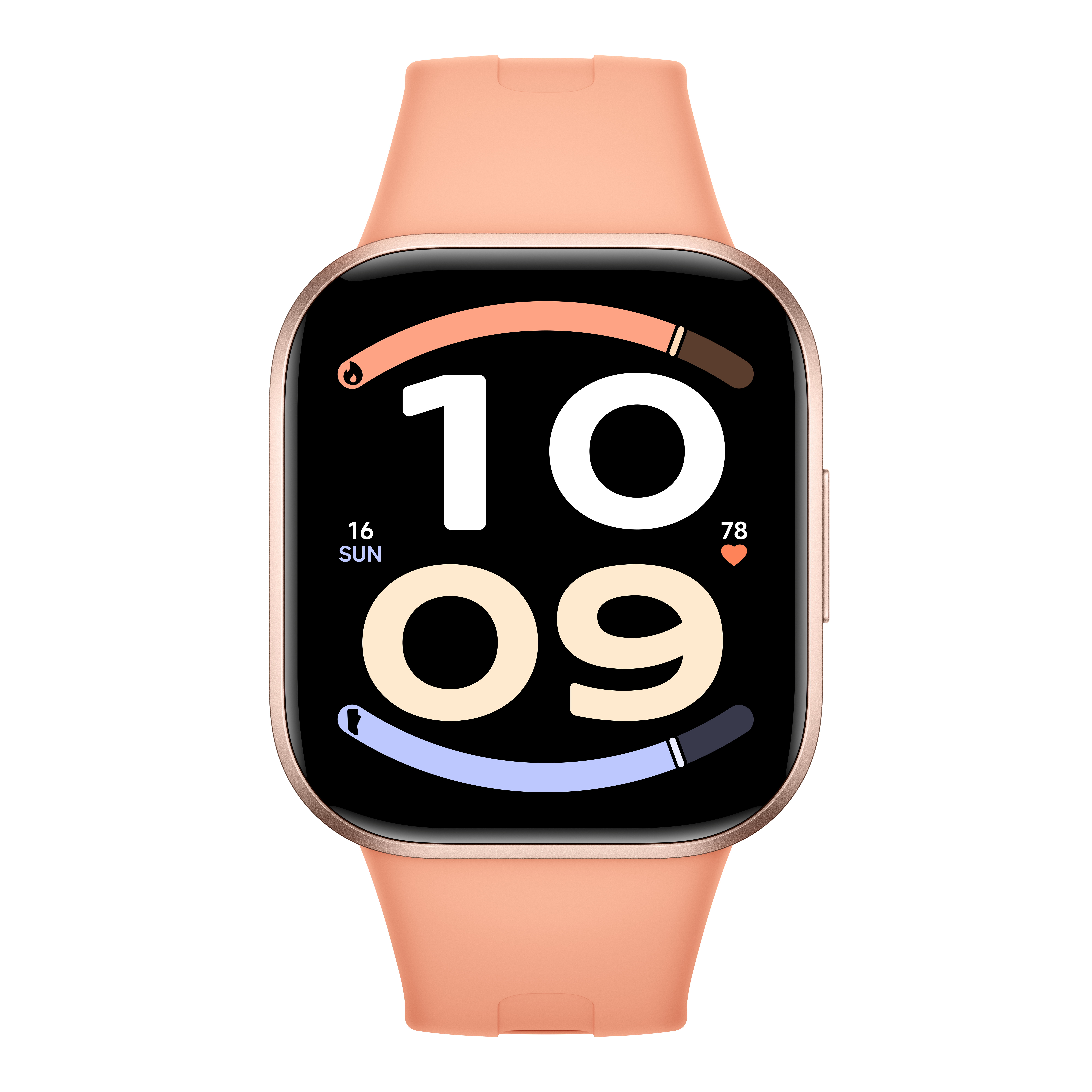 Eine rosa Smartwatch mit schwarzem Display, die 10:09 Uhr und den 16. Sonntag anzeigt.