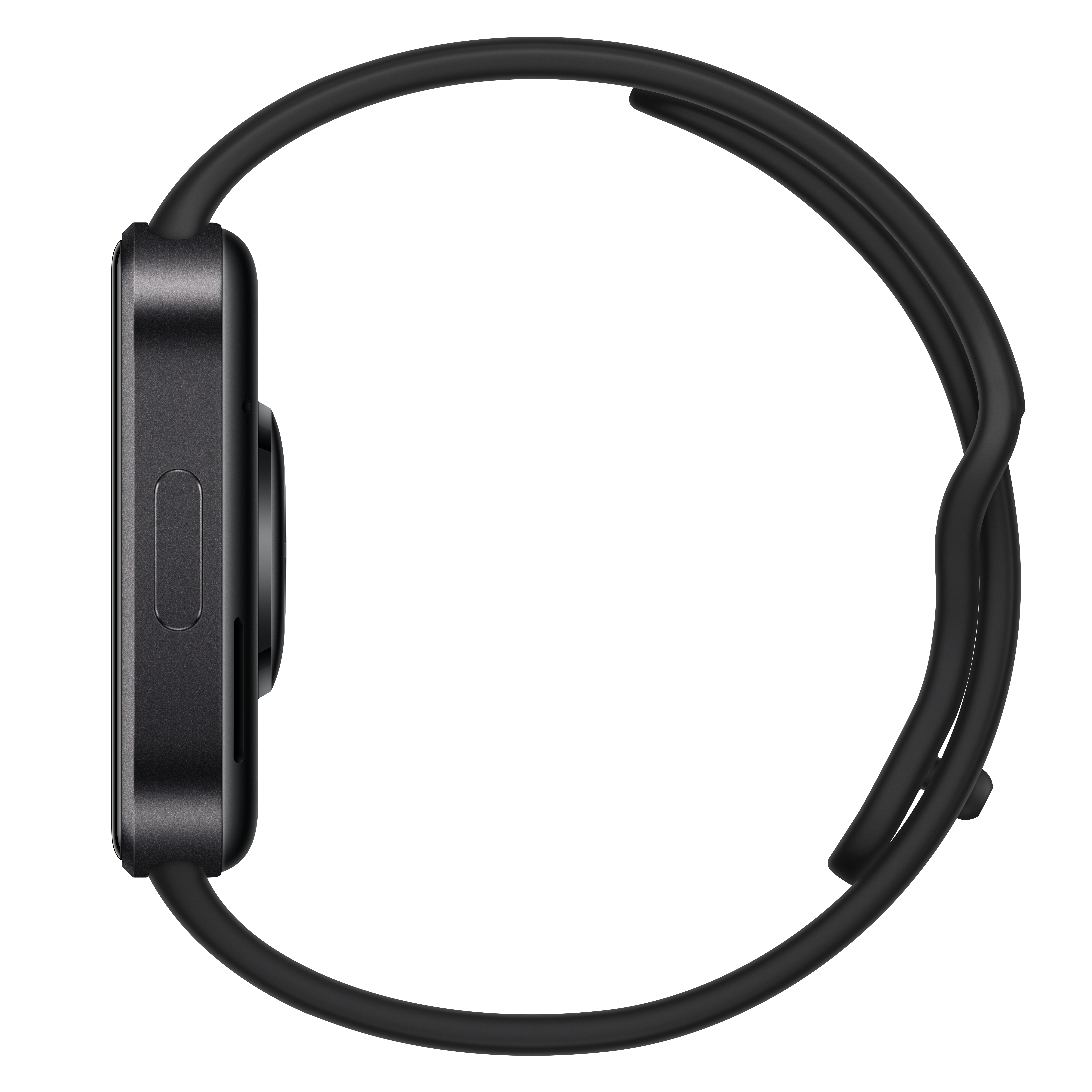 Seitenansicht einer schwarzen Smartwatch mit rechteckigem Gehäuse und geschlossenem Armband auf weißem Hintergrund.