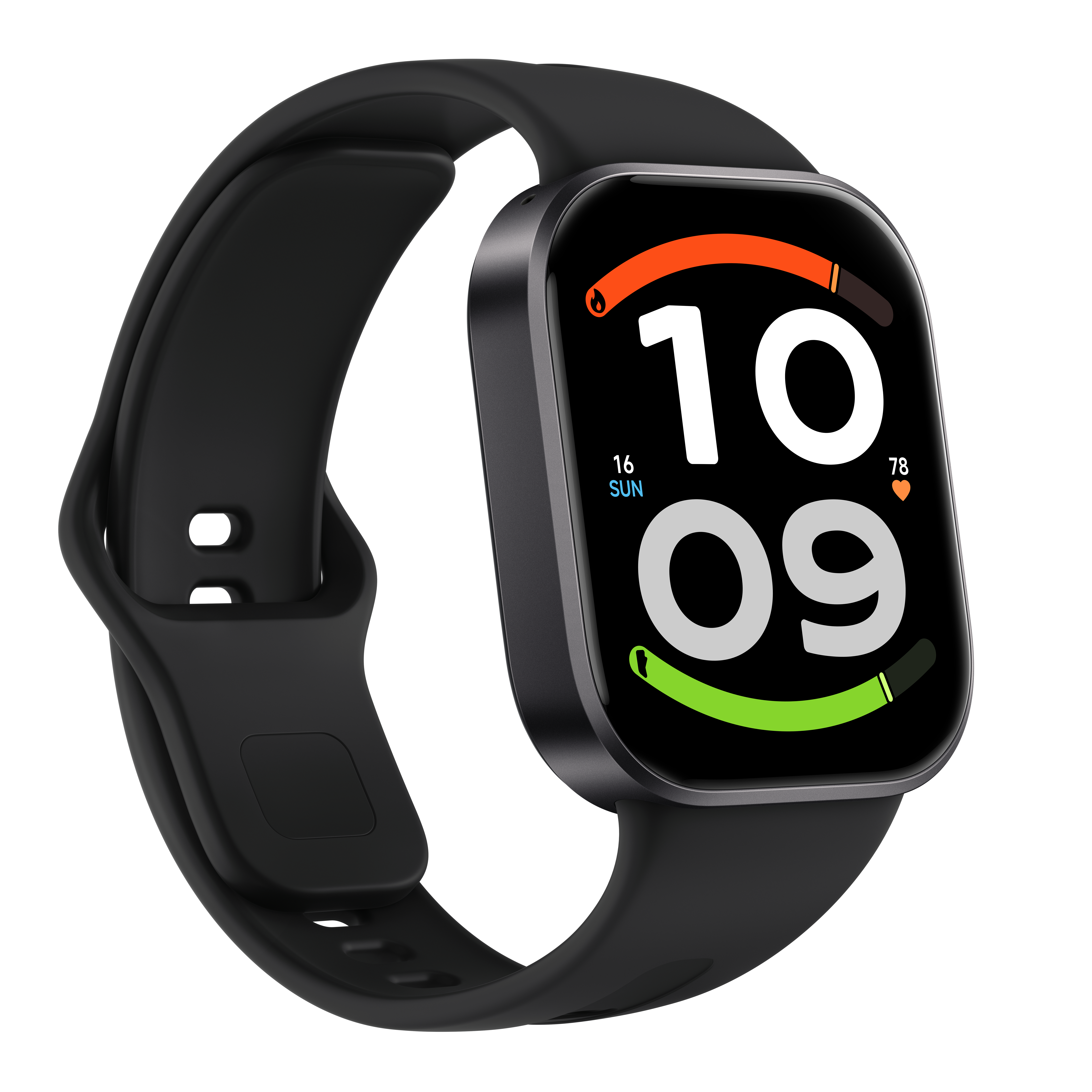 Eine schwarze Smartwatch mit quadratischem Display zeigt die Uhrzeit 10:09 und Fitnessdaten auf weißem Hintergrund.