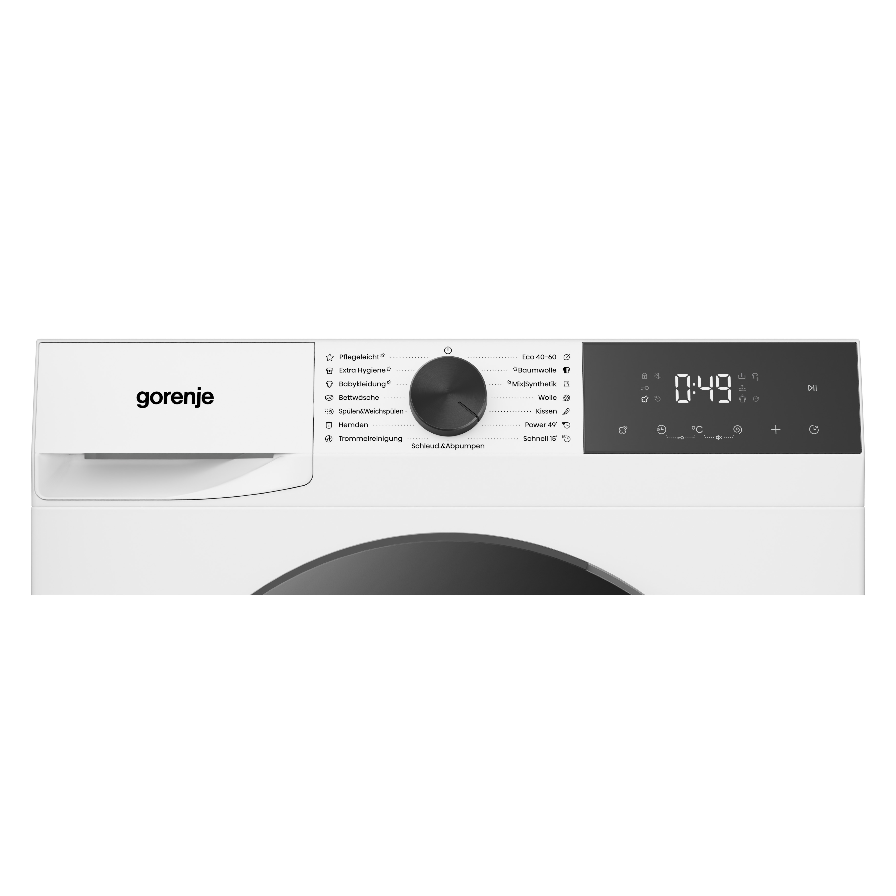 Bedienfeld einer weißen Gorenje-Waschmaschine mit zentralem Drehregler, Programmbeschriftungen und Digitaldisplay.