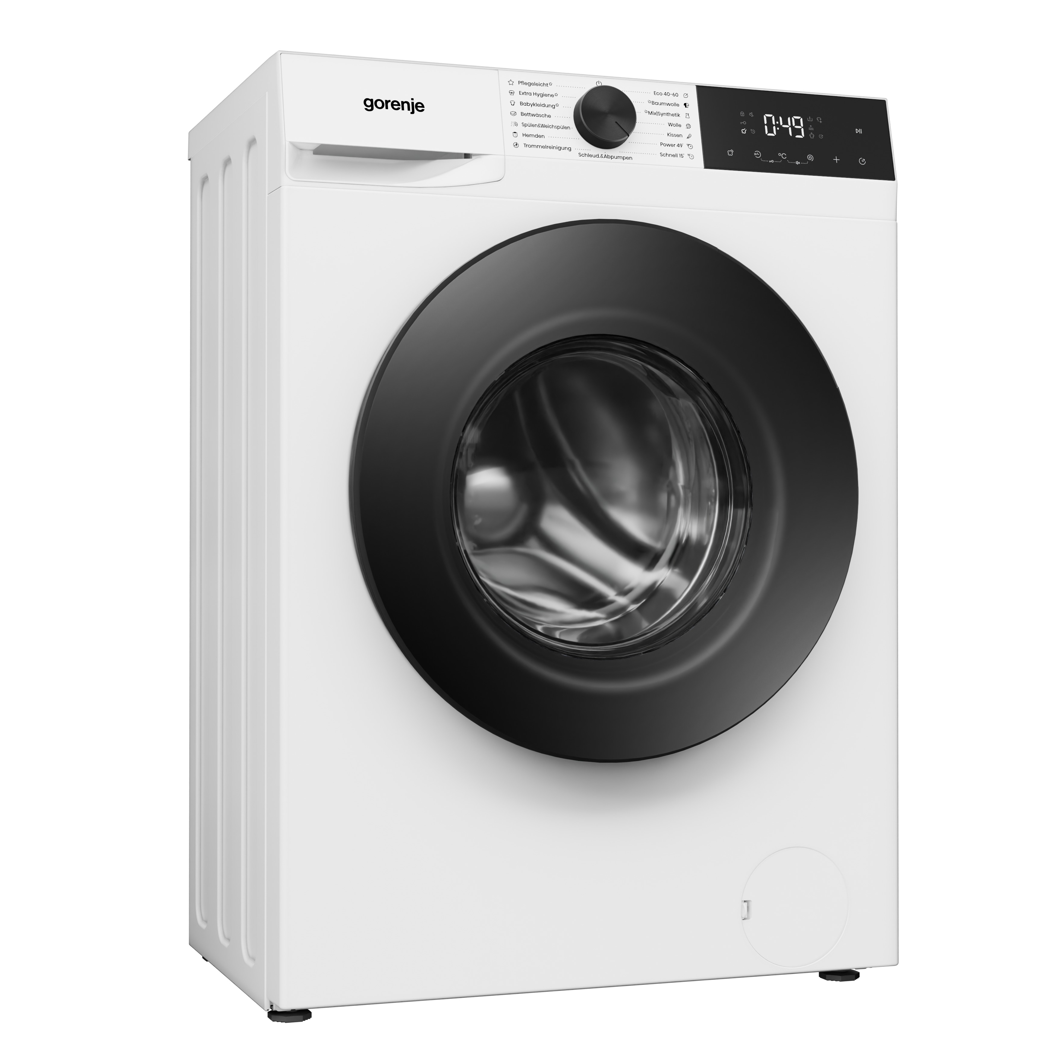 Eine weiße Gorenje-Waschmaschine mit schwarzem Bullauge und digitalem Bedienfeld auf weißem Hintergrund.
