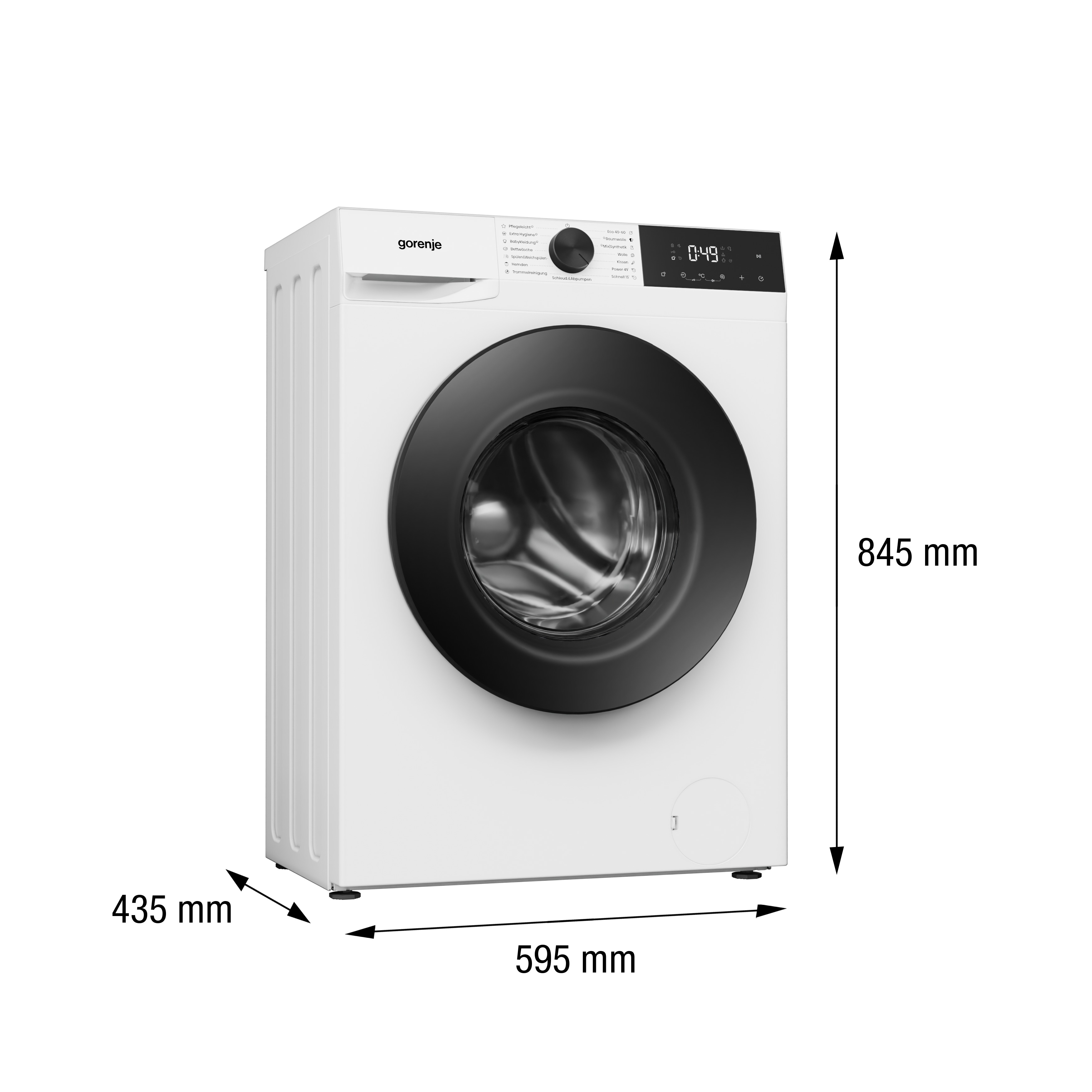 Weiße Gorenje-Waschmaschine mit schwarzer Tür und Abmessungen von 845x595x435 mm.