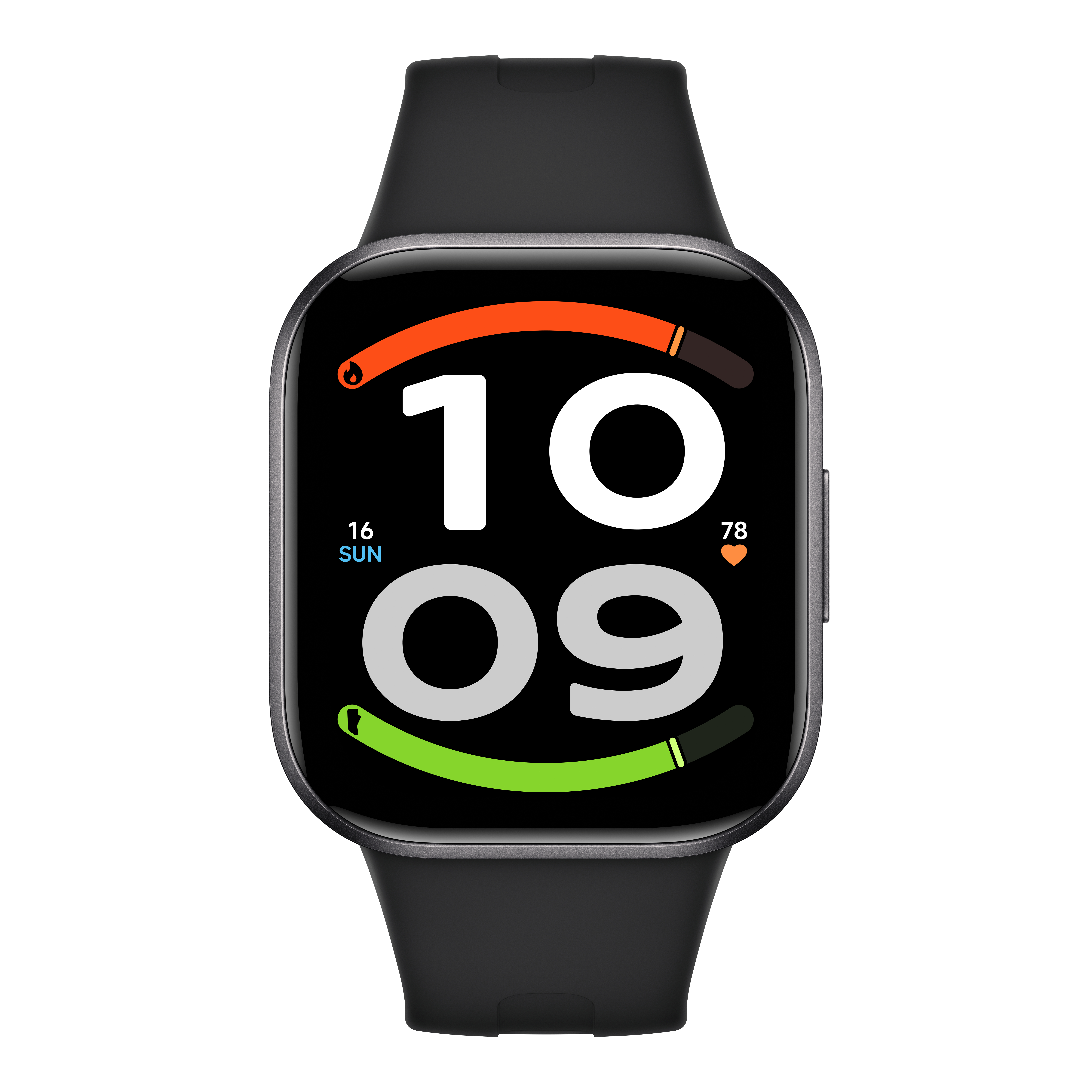 Eine schwarze Smartwatch mit digitalem Display, das 10:09 Uhr, Datum und Aktivitätsringe anzeigt.