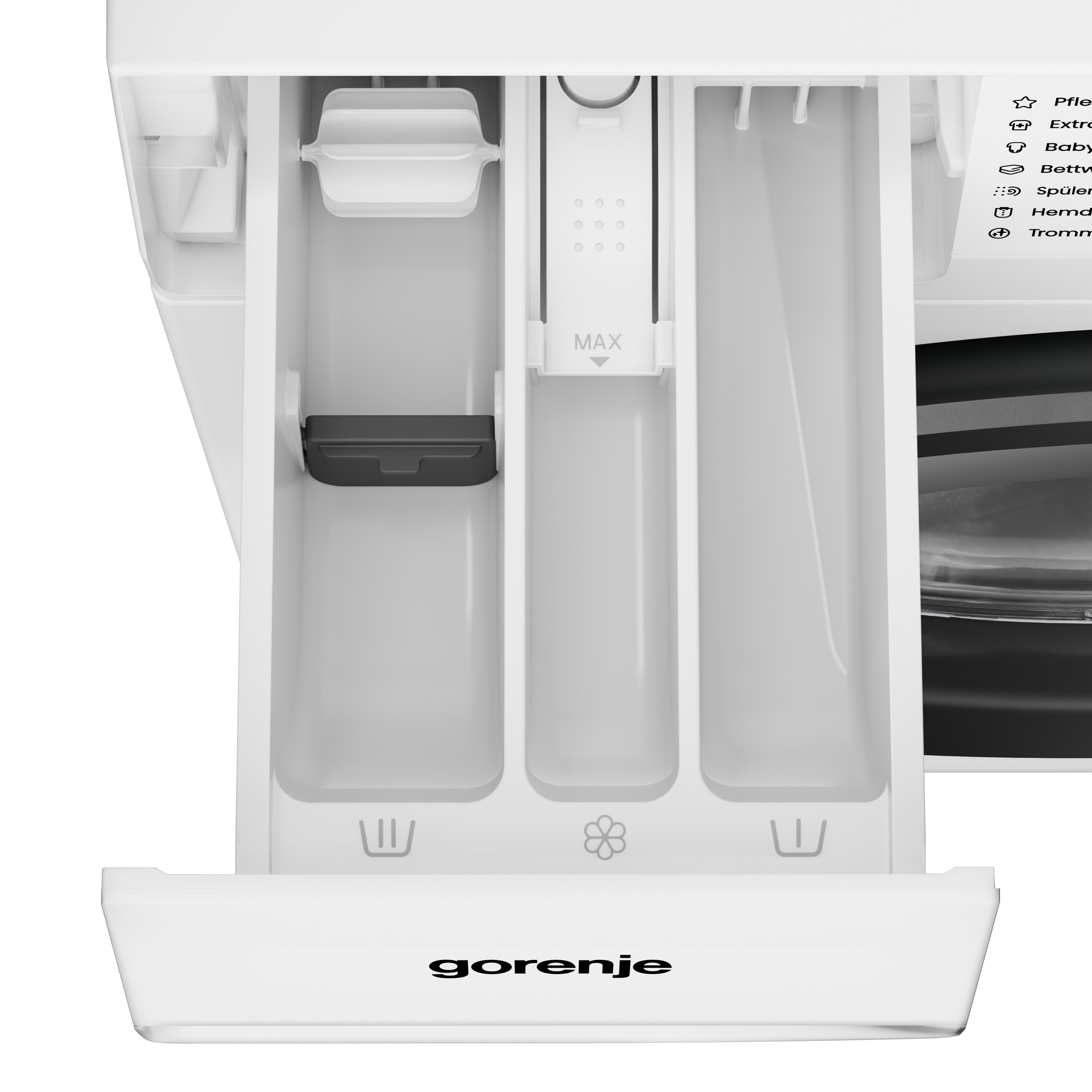 Offene Waschmittelschublade einer weißen Gorenje-Waschmaschine mit drei Kammern.