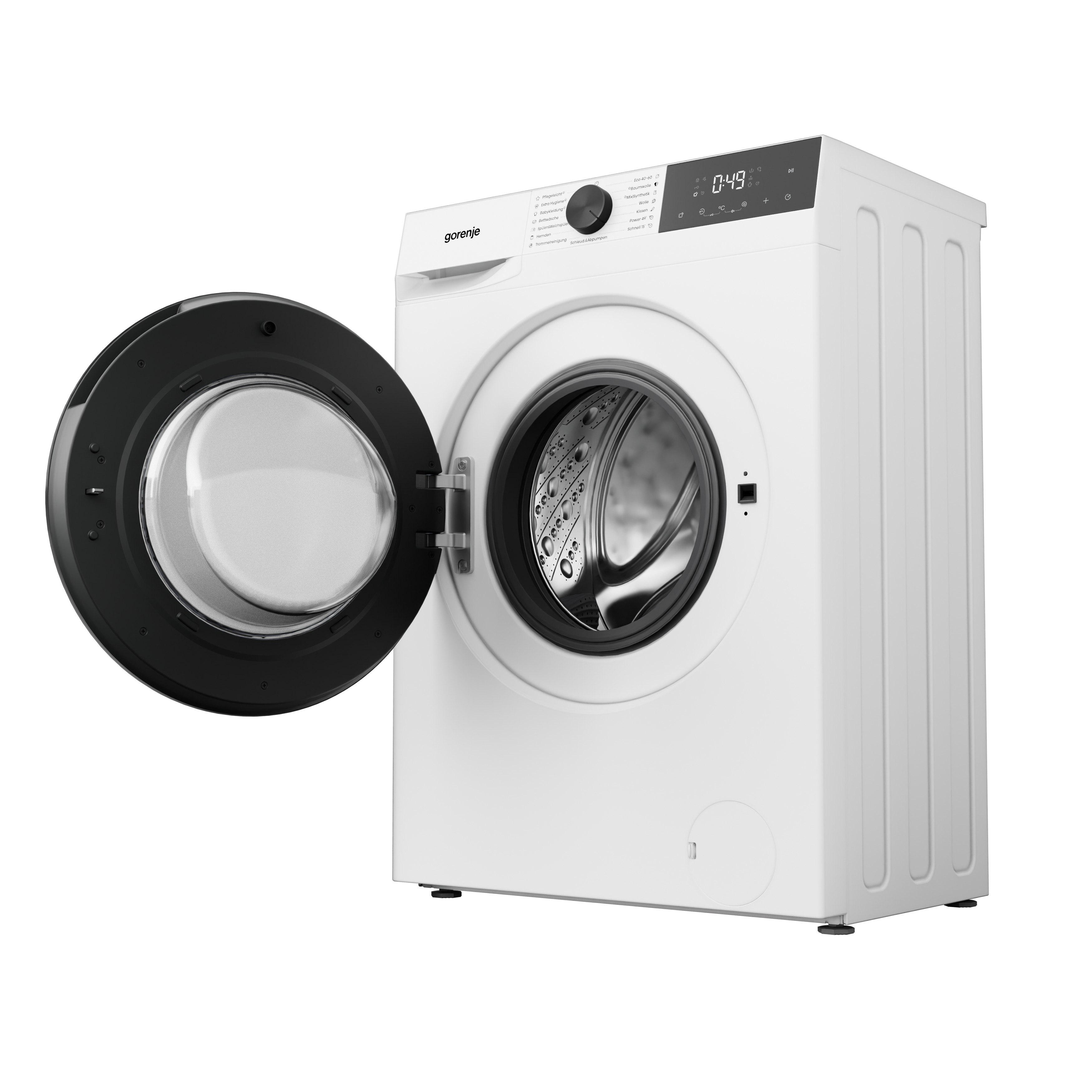 Eine weiße Waschmaschine mit offener schwarzer Tür und digitalem Display vor weißem Hintergrund.