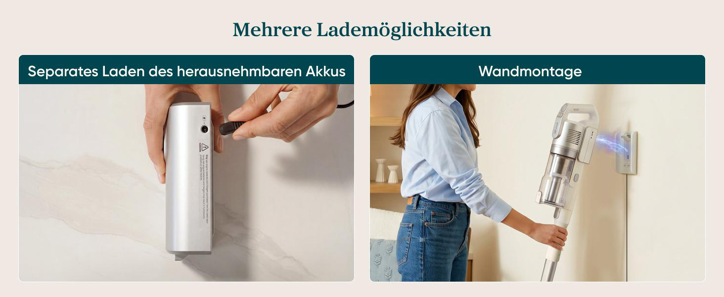 Zwei Bilder zeigen Lademöglichkeiten: Links wird ein Akku separat geladen, rechts an der Wand montiert.