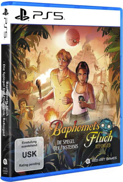 PS5-Spielhülle Baphomets Fluch - Die Spiegel der Finsternis: Reforged mit Charakteren vor Dschungel- und Pyramidenhintergrund.