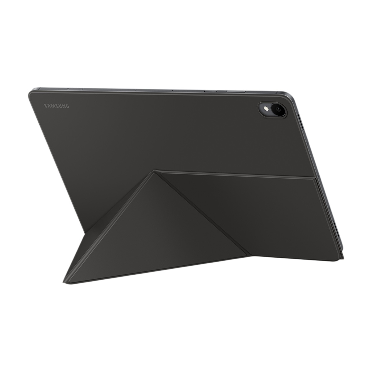 Beyaz arka planda katlanır standlı koyu renkli bir Samsung tabletin arka görünümü.