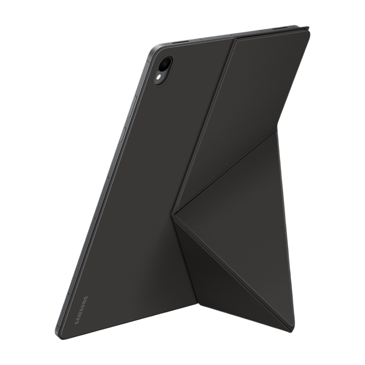 Stand görevi gören koruyucu kılıfla desteklenen siyah bir Samsung tablet beyaz arka planda dik duruyor.