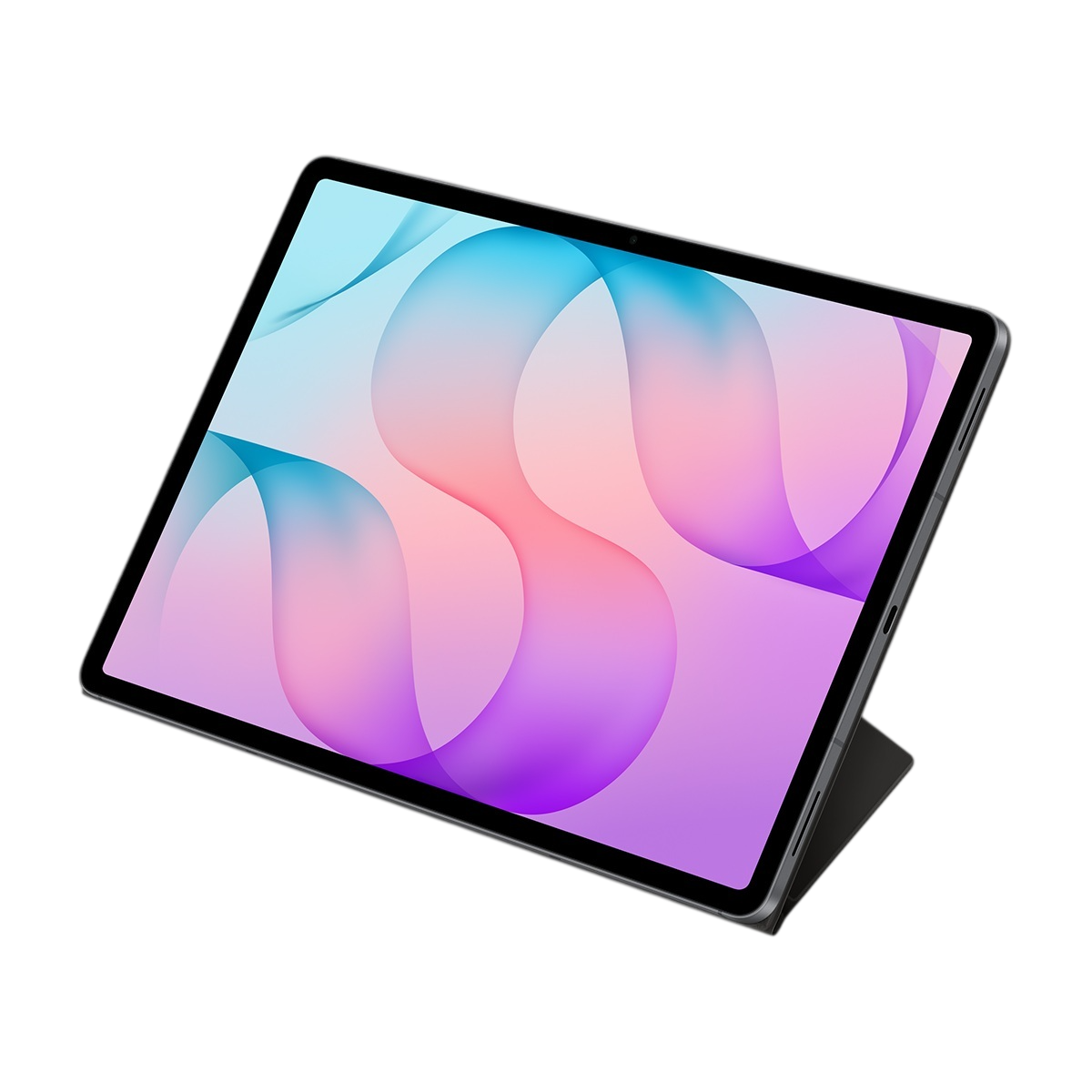 Koyu çerçeveli ve standlı bir tablet, ekranında soyut mavi ve pembe bir desen gösteriyor.