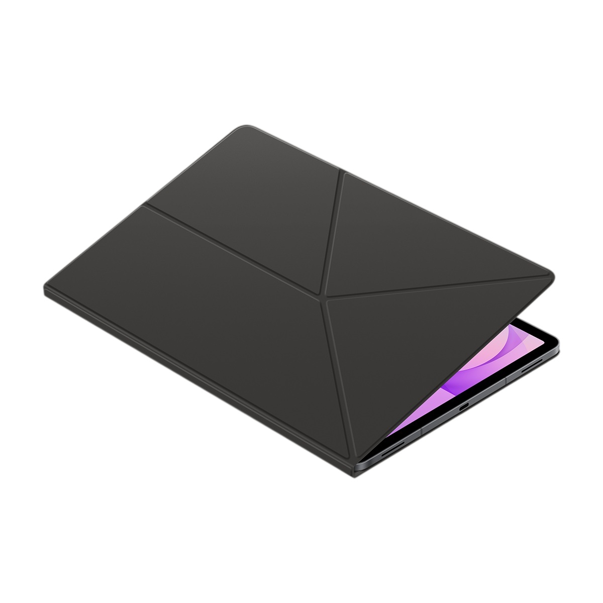 Beyaz arka plan üzerinde origami tarzı katlanabilir kılıf içinde siyah bir tablet.