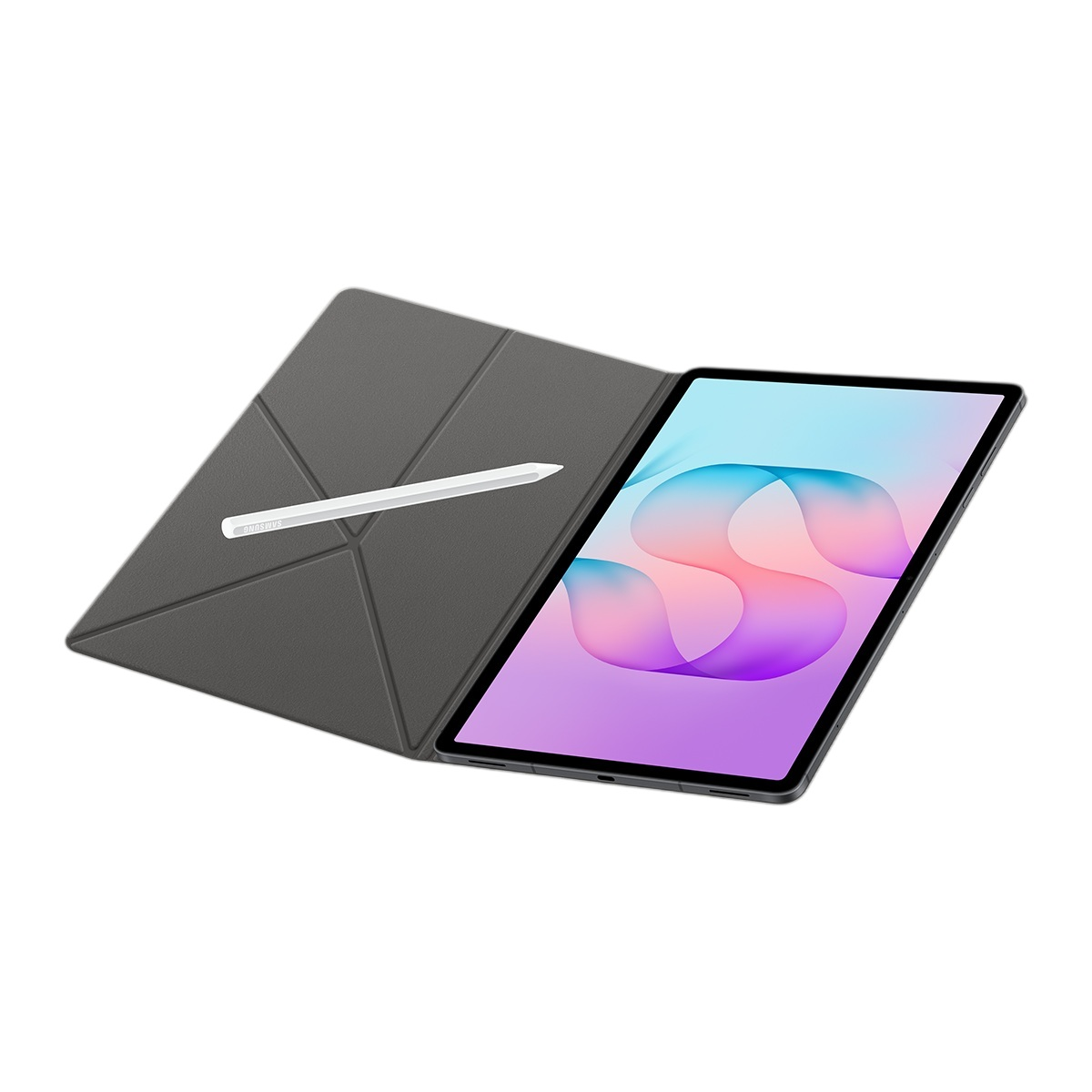 Gri kılıflı siyah tablet, kapağında beyaz bir kalem ve renkli bir ekran ile.
