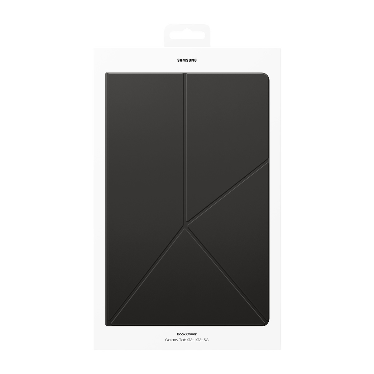 Beyaz arka plan önünde siyah Samsung Galaxy Tab S12+ Book Cover ambalajı.