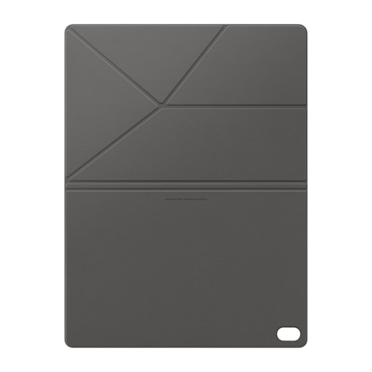 Sağ altta kamera kesimi ve düz çizgiler bulunan koyu gri katlanabilir tablet kılıfı.