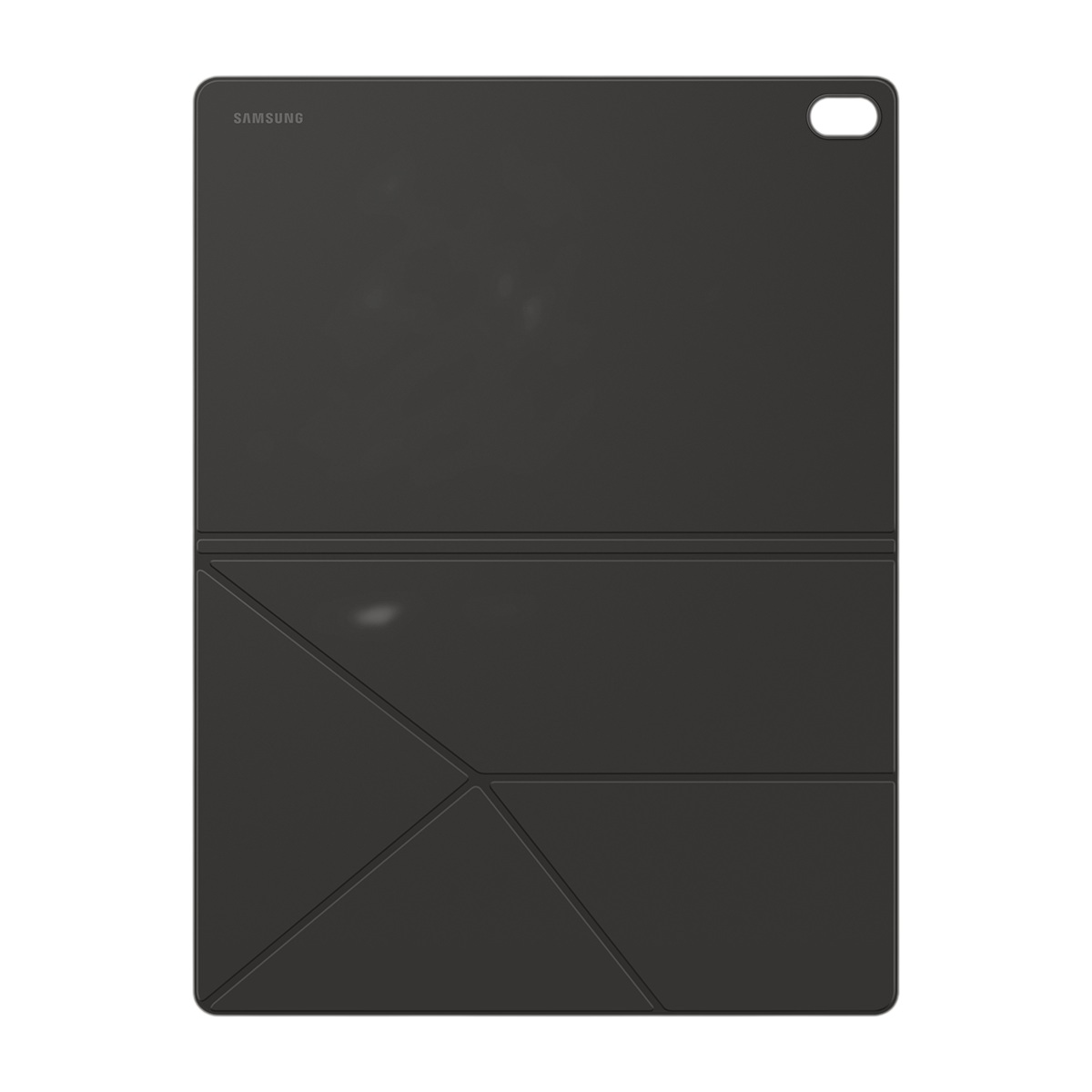 Geometrik katlanabilir stand tasarımına sahip siyah bir Samsung tablet koruyucu kılıfı.