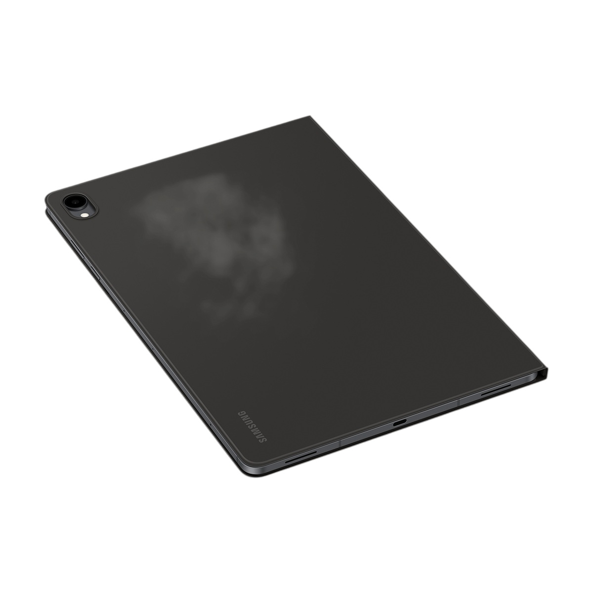 Beyaz arka planda kameralı ve Samsung logolu siyah bir Samsung tabletin arkası.