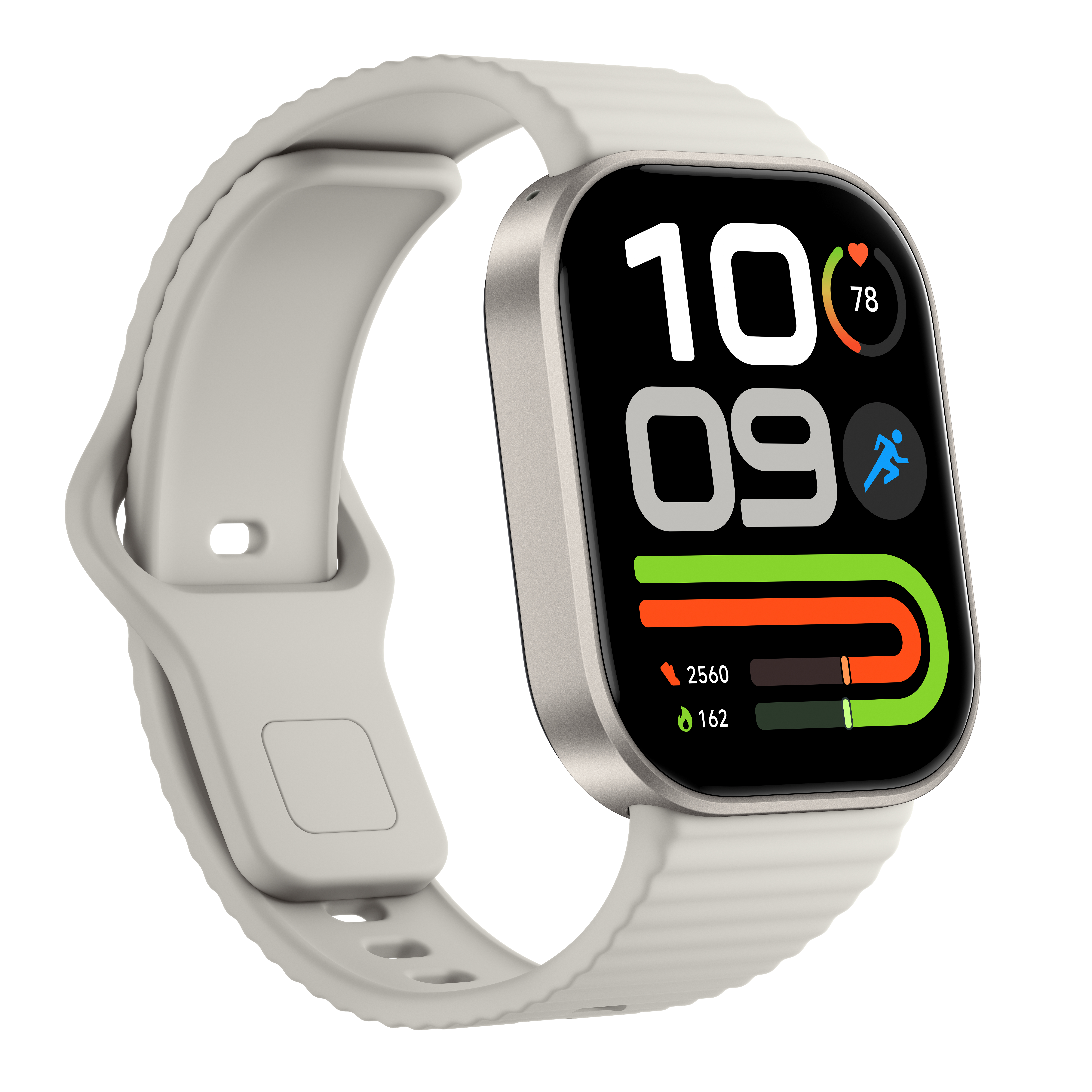 Eine graue Smartwatch mit weißem Silikonarmband zeigt ein digitales Zifferblatt mit Aktivitätsringen.