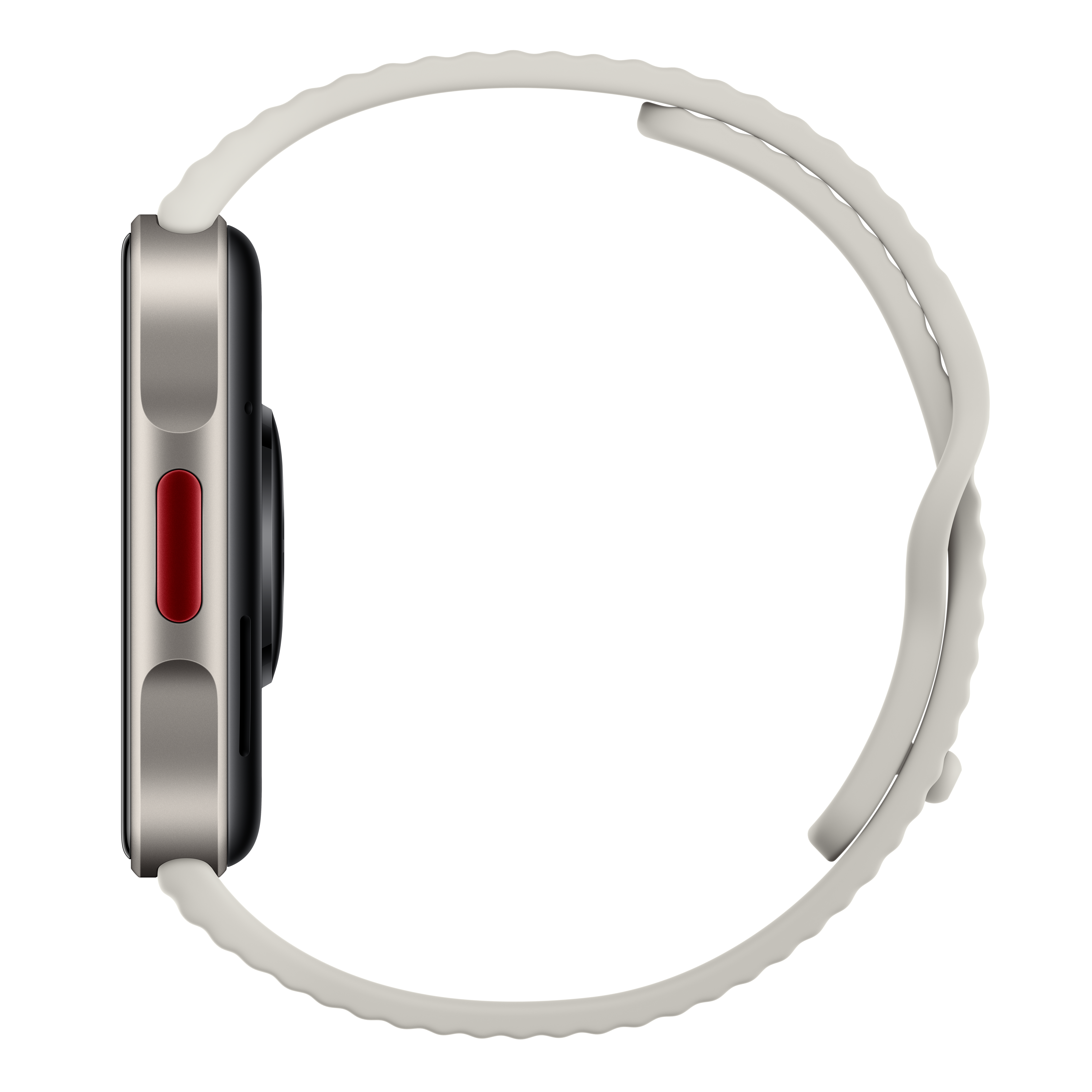 Seitenansicht einer Smartwatch mit einem beigen Armband und einem roten Akzentknopf auf der linken Seite.