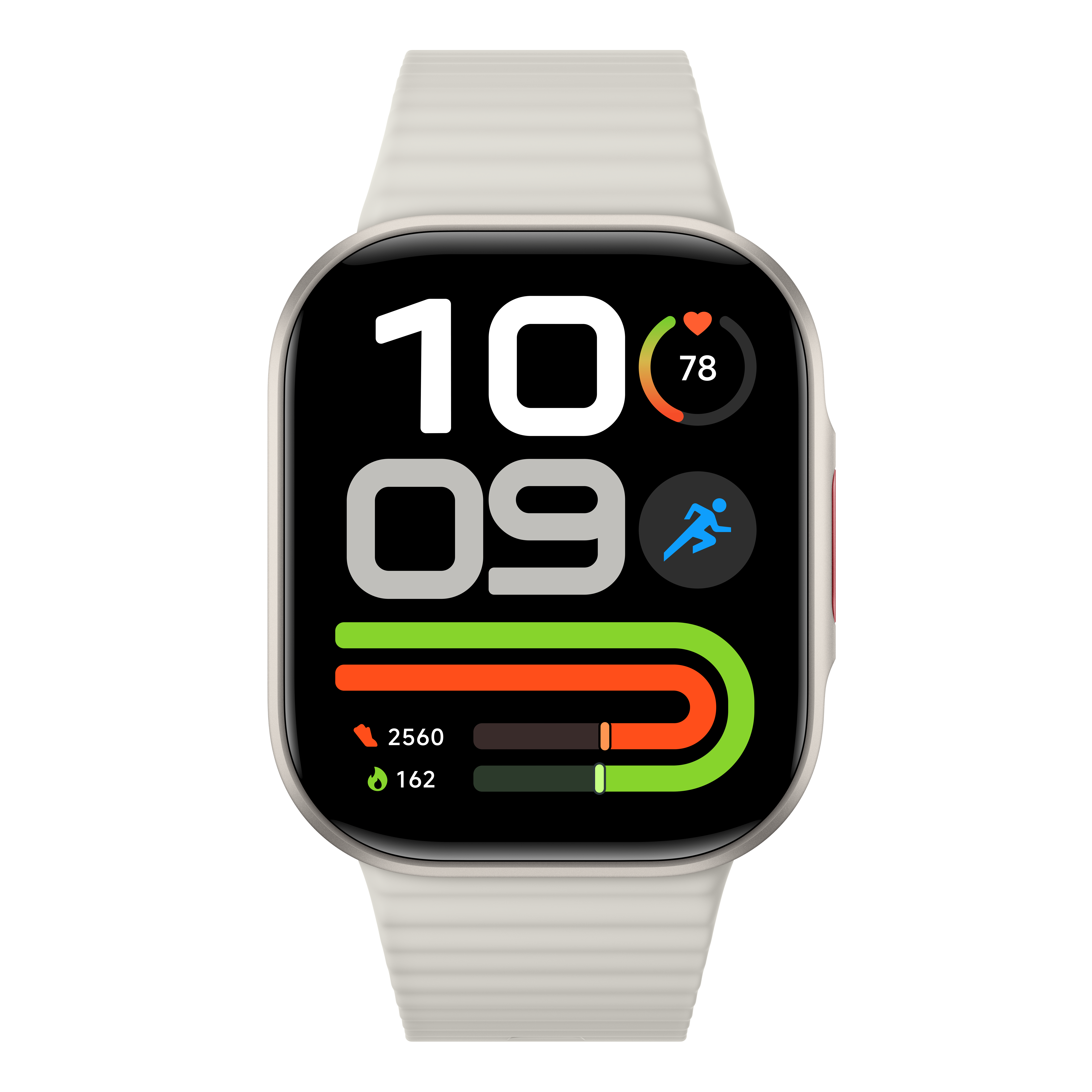 Smartwatch mit hellem Armband und digitalem Zifferblatt, das Uhrzeit, Herzfrequenz und Aktivitätsringe anzeigt.