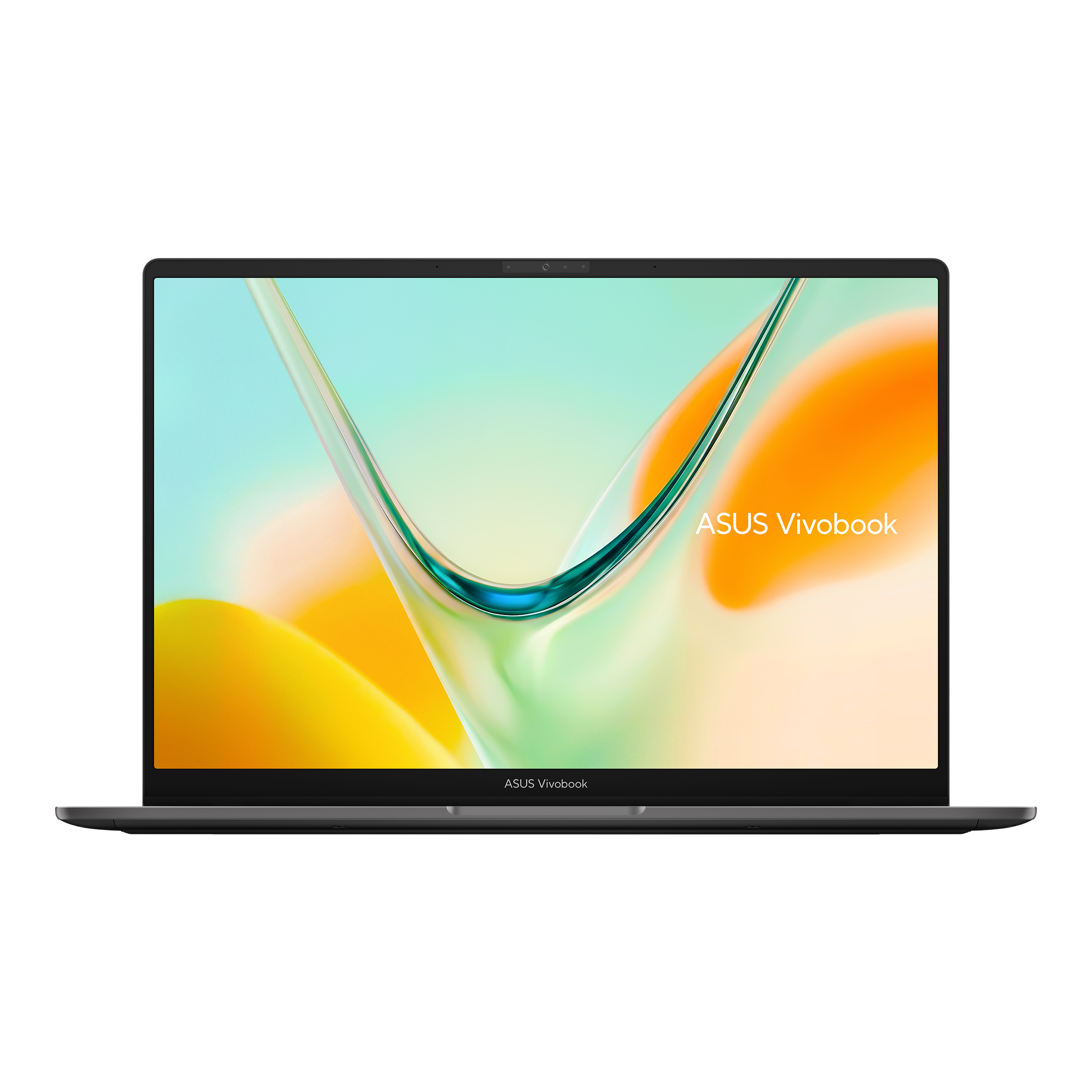 Ekranında renkli ve kavisli bir arka plan olan gri bir ASUS Vivobook dizüstü bilgisayar.