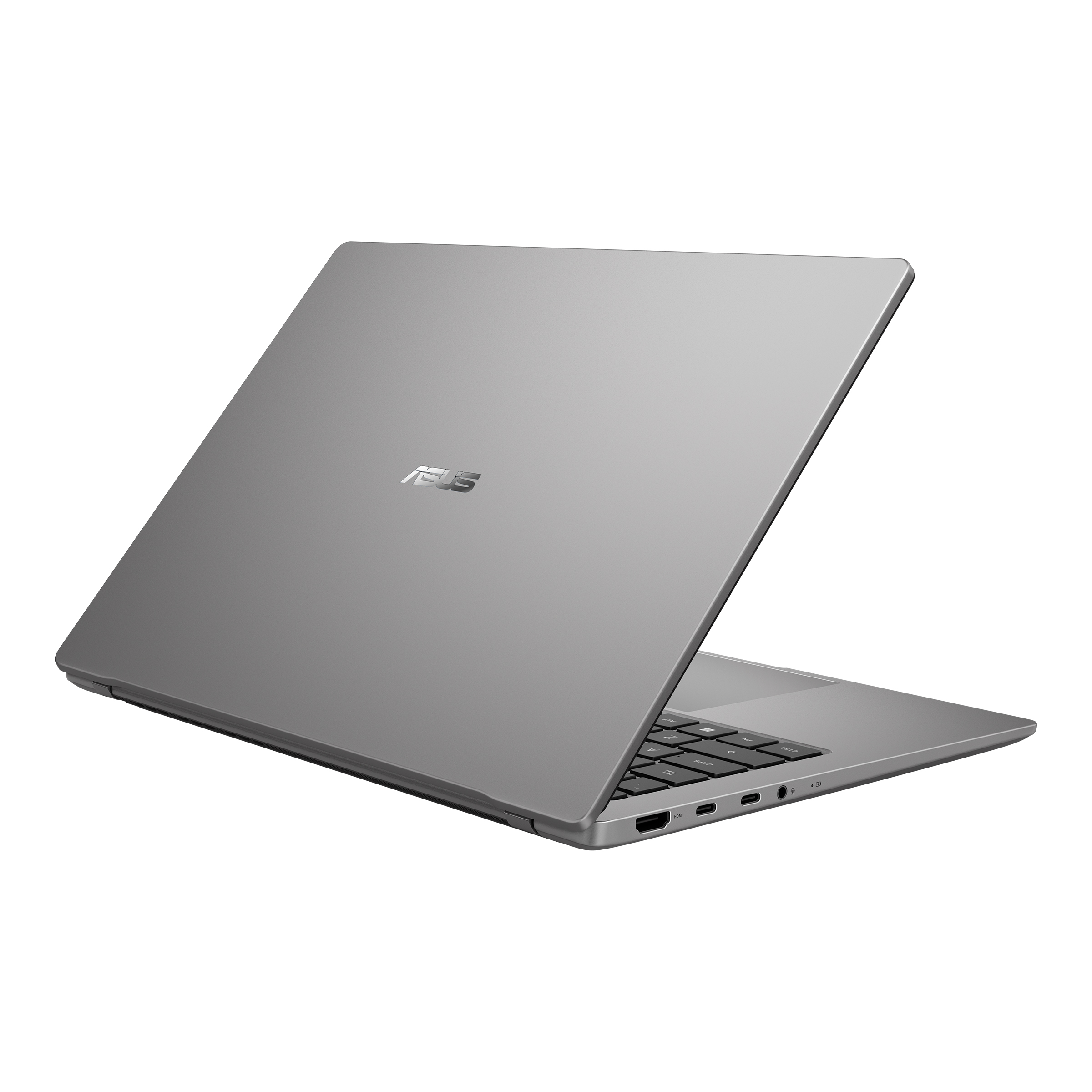 Beyaz arka planda yandan görünen kapalı gri bir ASUS dizüstü bilgisayar.